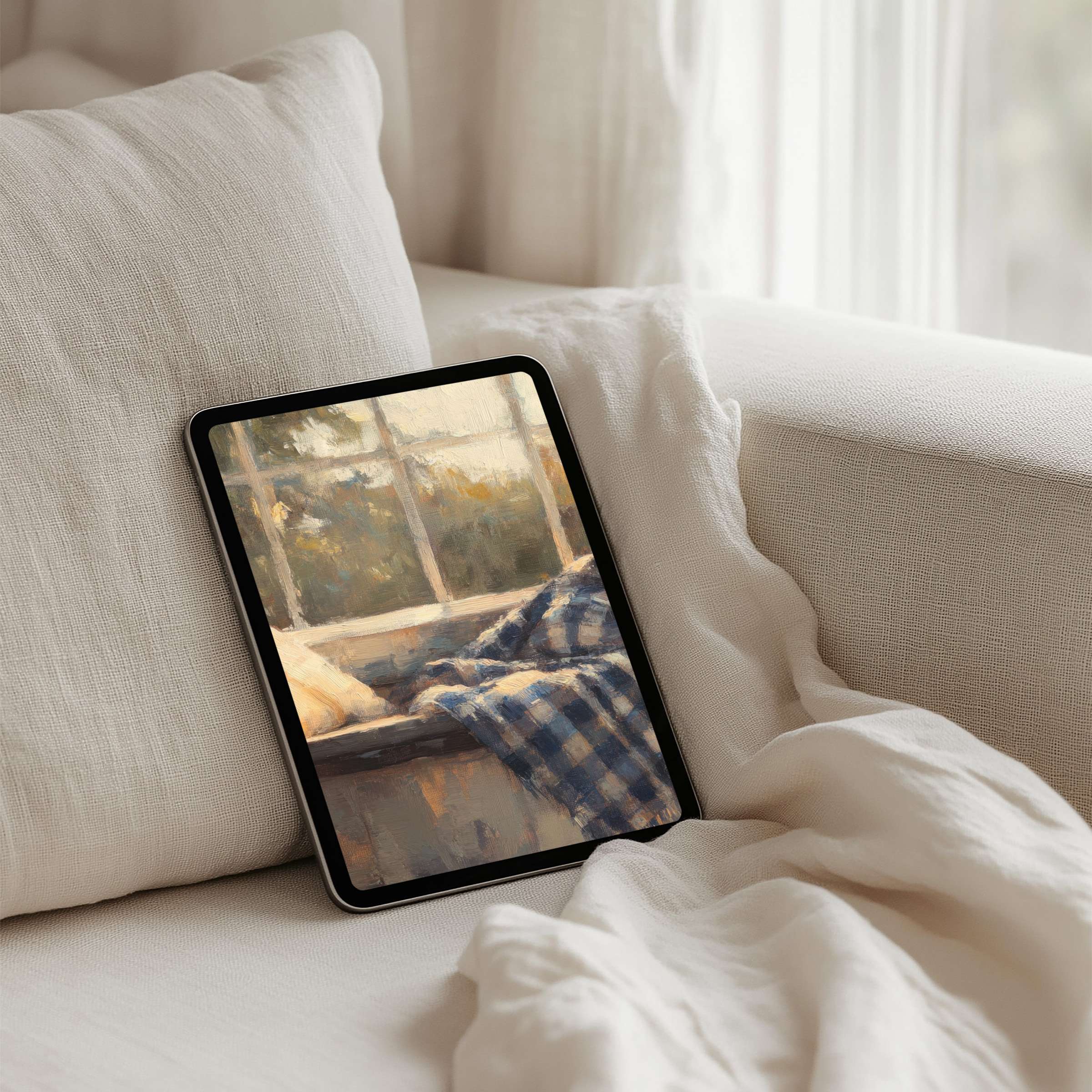 Elegant iPad background featuring a serene painting of sunlight through a window, offering instant download for any tablet user