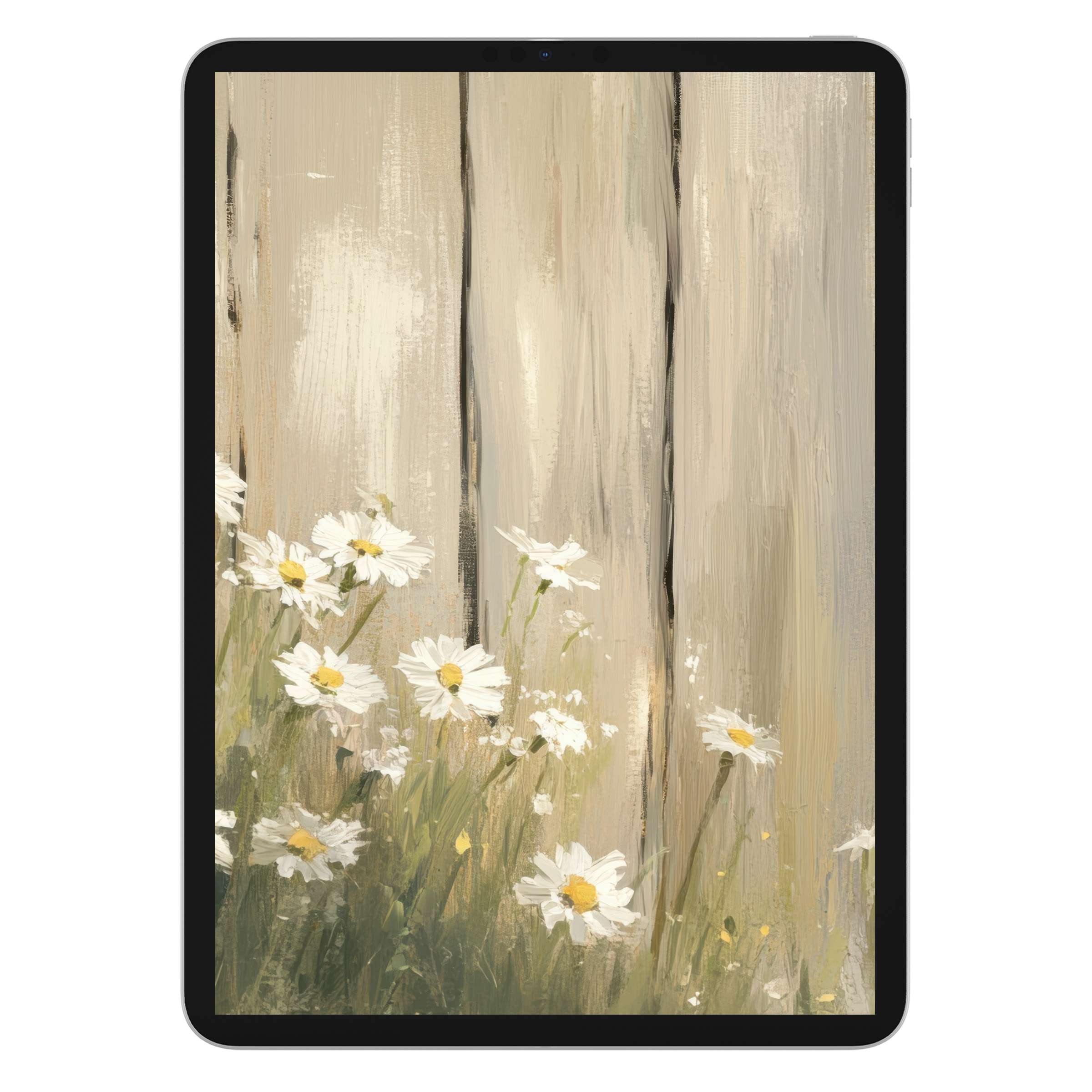 Farmhouse iPad wallpaper captures serene daisies against rustic wood, perfect digital download background for tablets, evoking tranquility