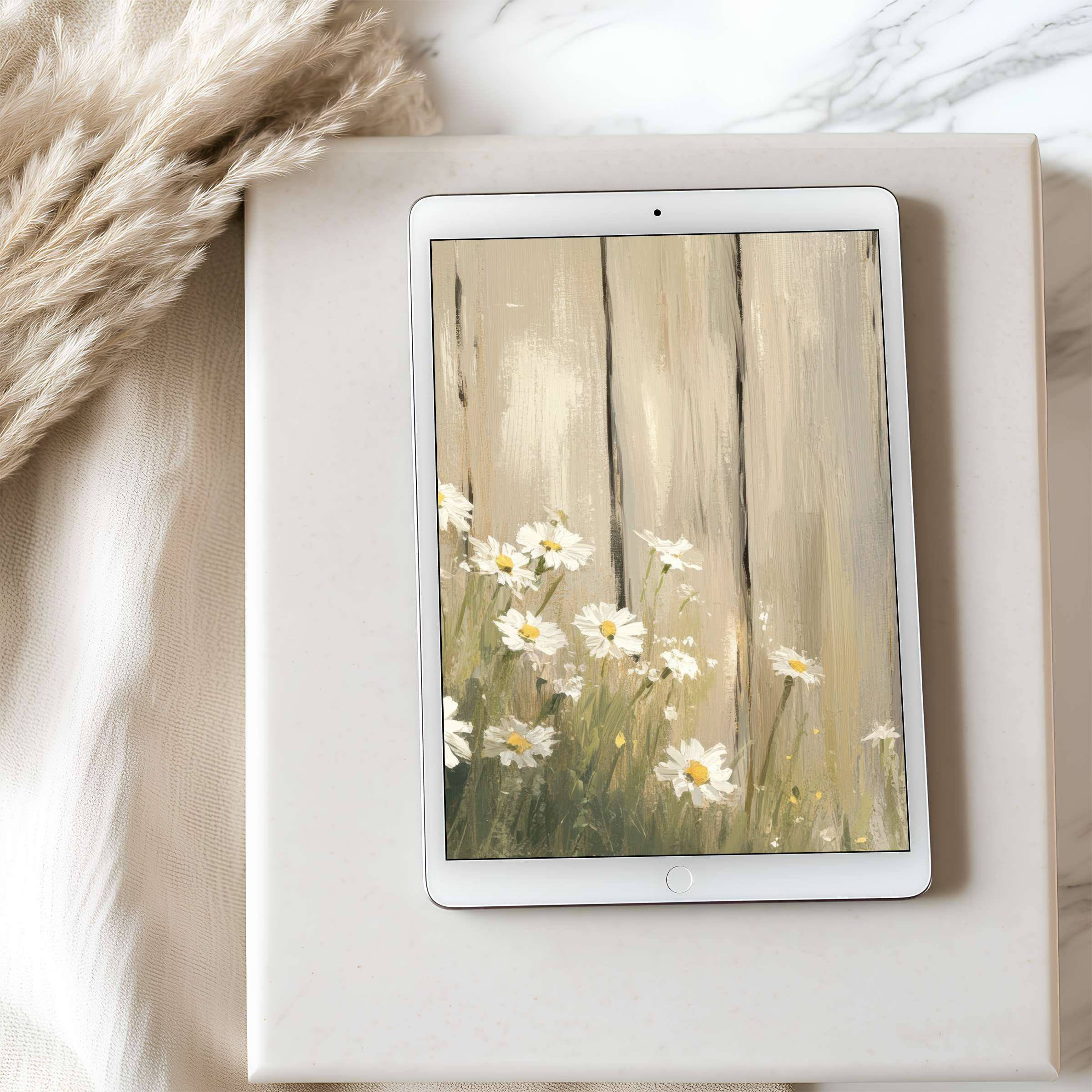Elegant tablet wallpaper featuring daisies against rustic wood in high resolution evokes calmness and charm for iPad and Android use