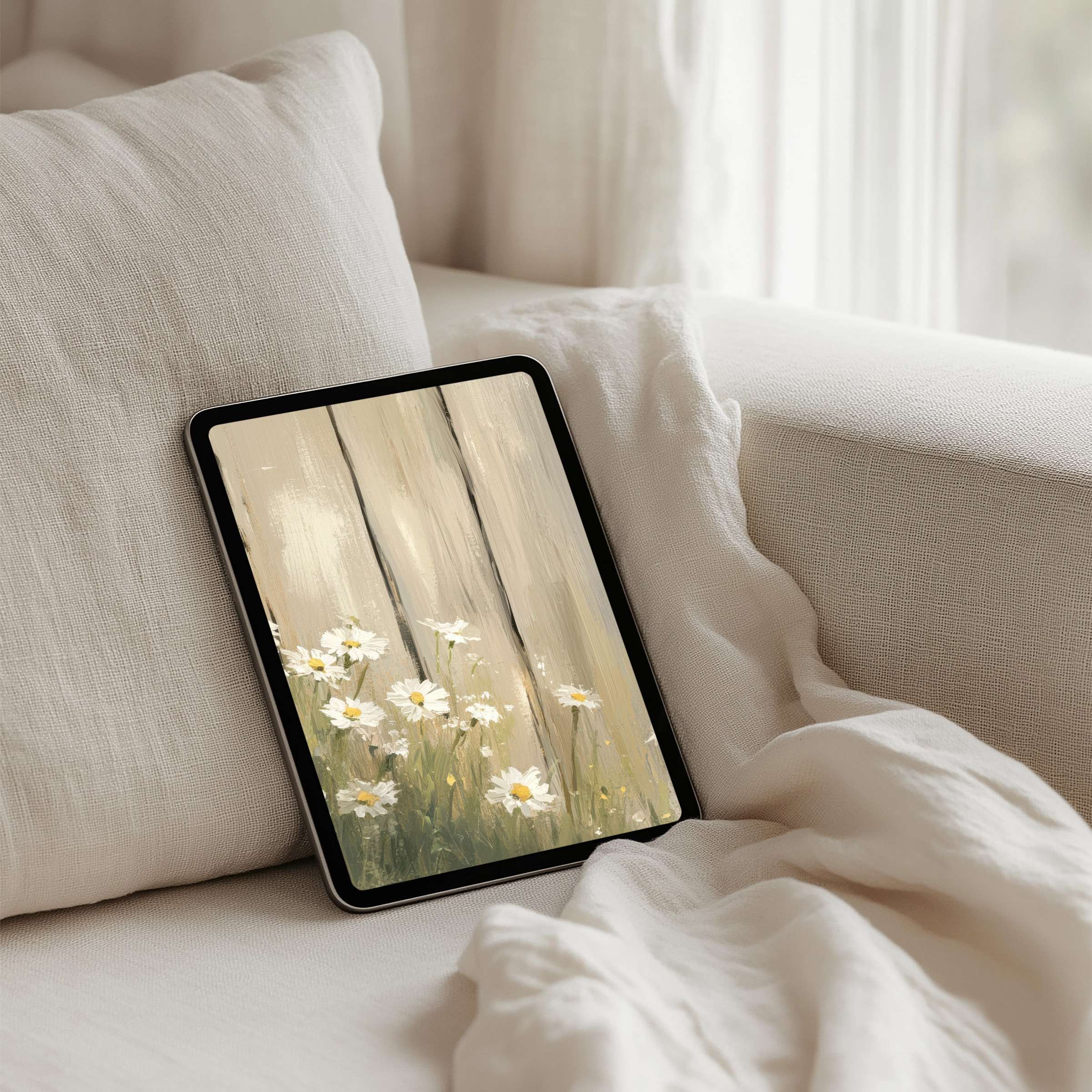 Elegant iPad background with daisies and wooden texture offers instant download for tablet users seeking calm and inspiration