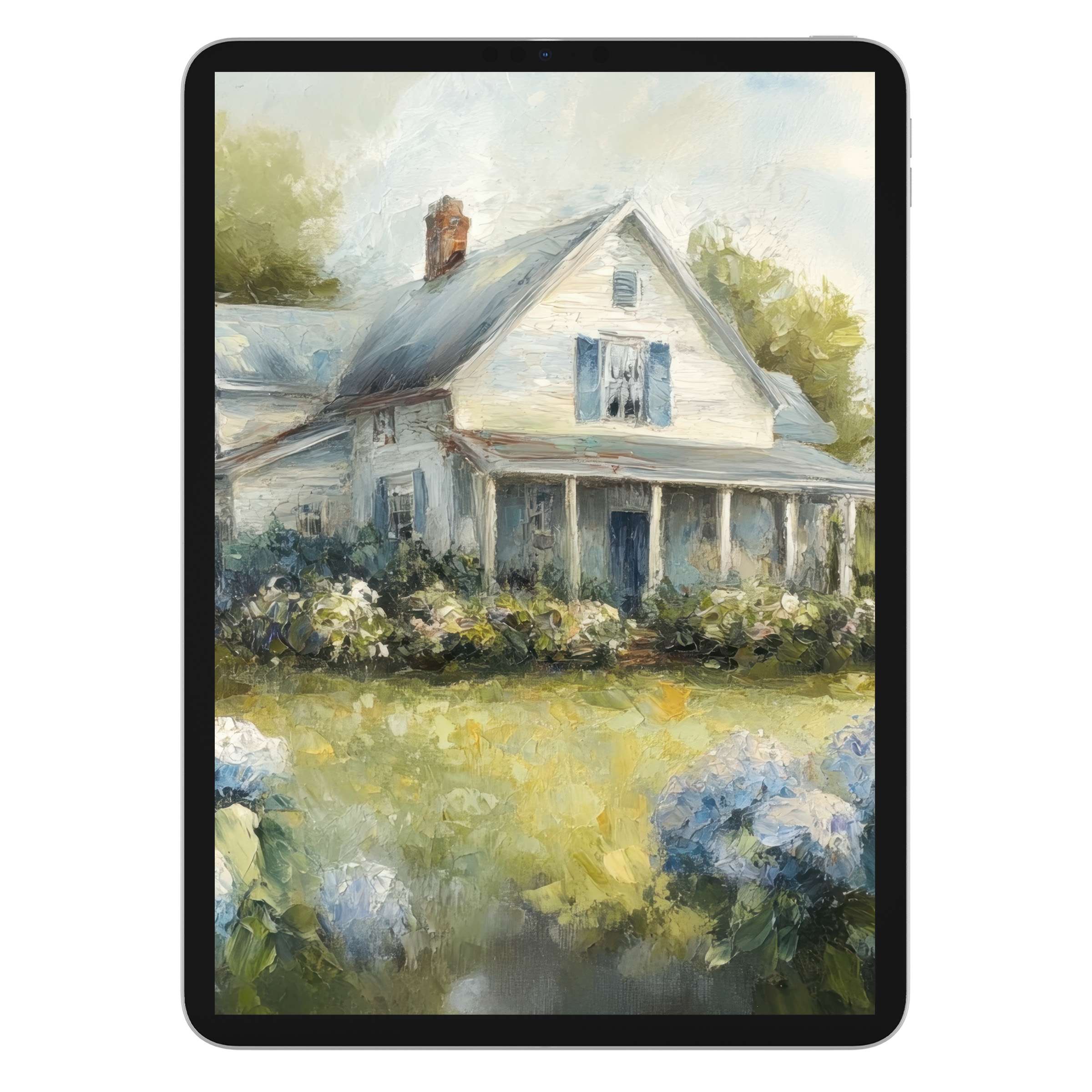 Elegant farmhouse iPad wallpaper with serene landscapes in soft hues, perfect digital download for tablet backgrounds and calming design
