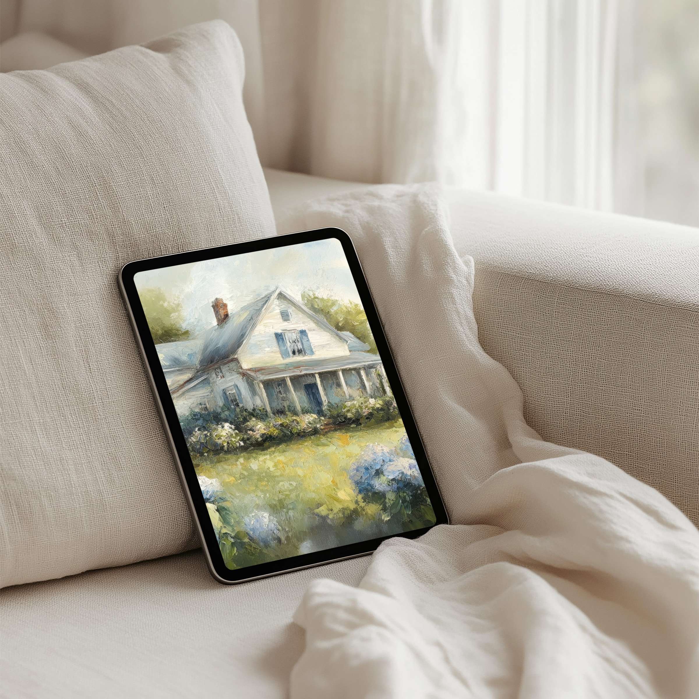 Serene iPad background for instant download featuring a tranquil cottage painting enhancing elegance on any tablet with calming charm