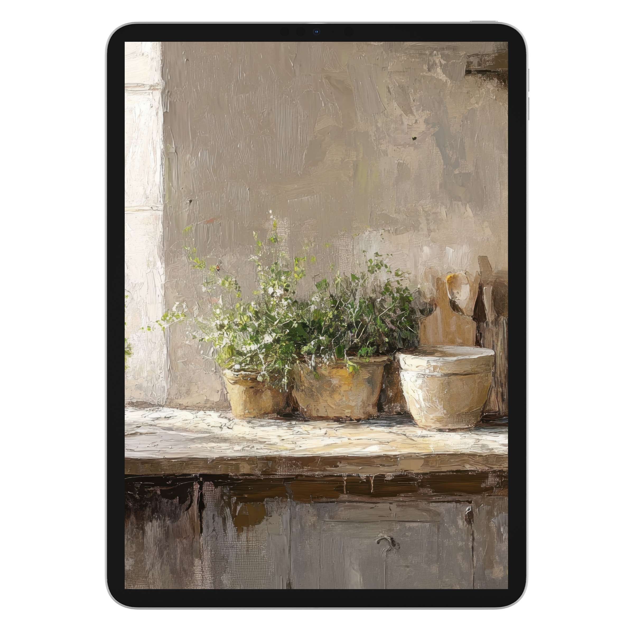 Farmhouse iPad wallpaper with rustic pots and greenery, perfect digital download for a calming tablet background, natural textures
