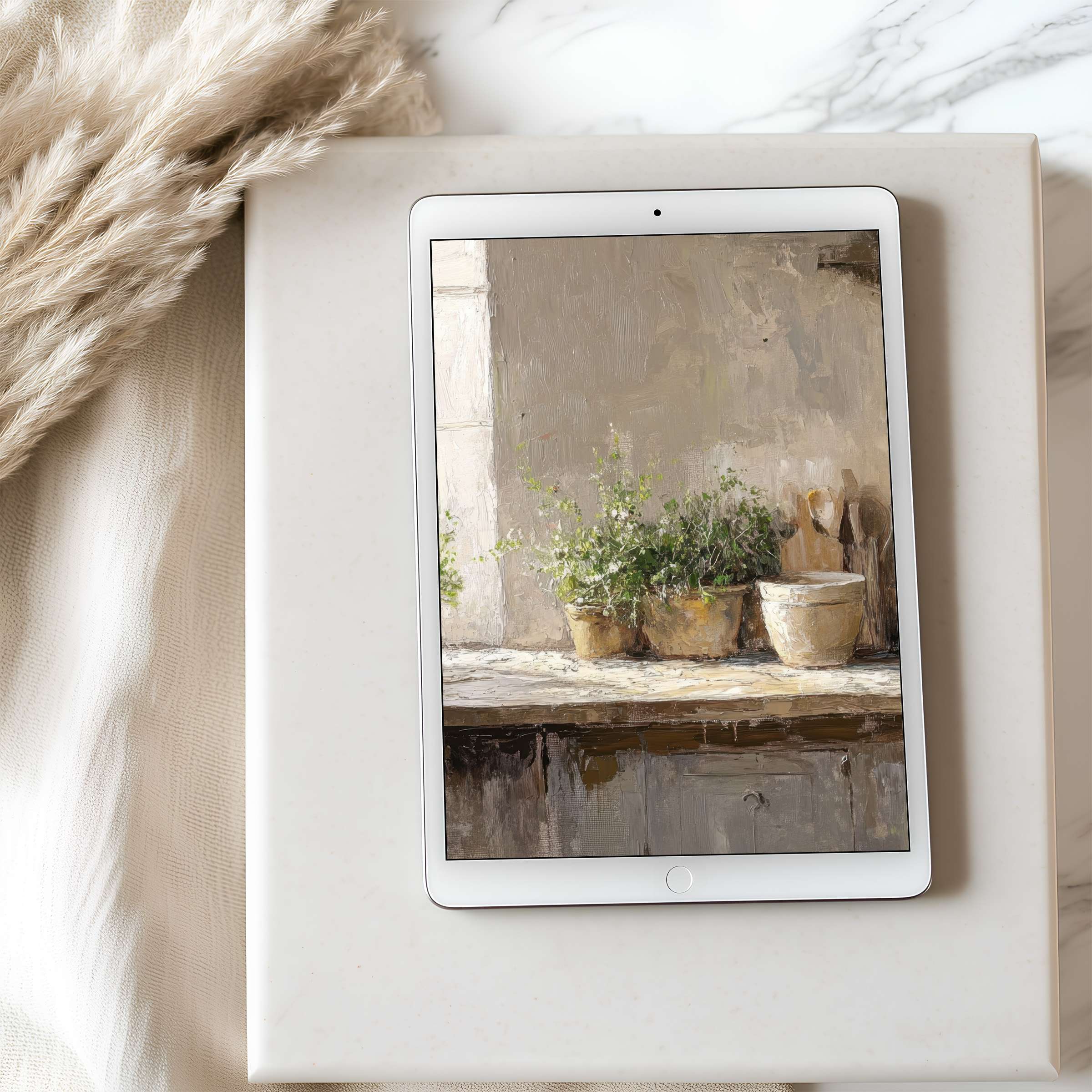 Elegant rustic scene on tablet wallpaper, featuring serene earth tones and lush greenery, perfect for high-resolution iPad or Android use