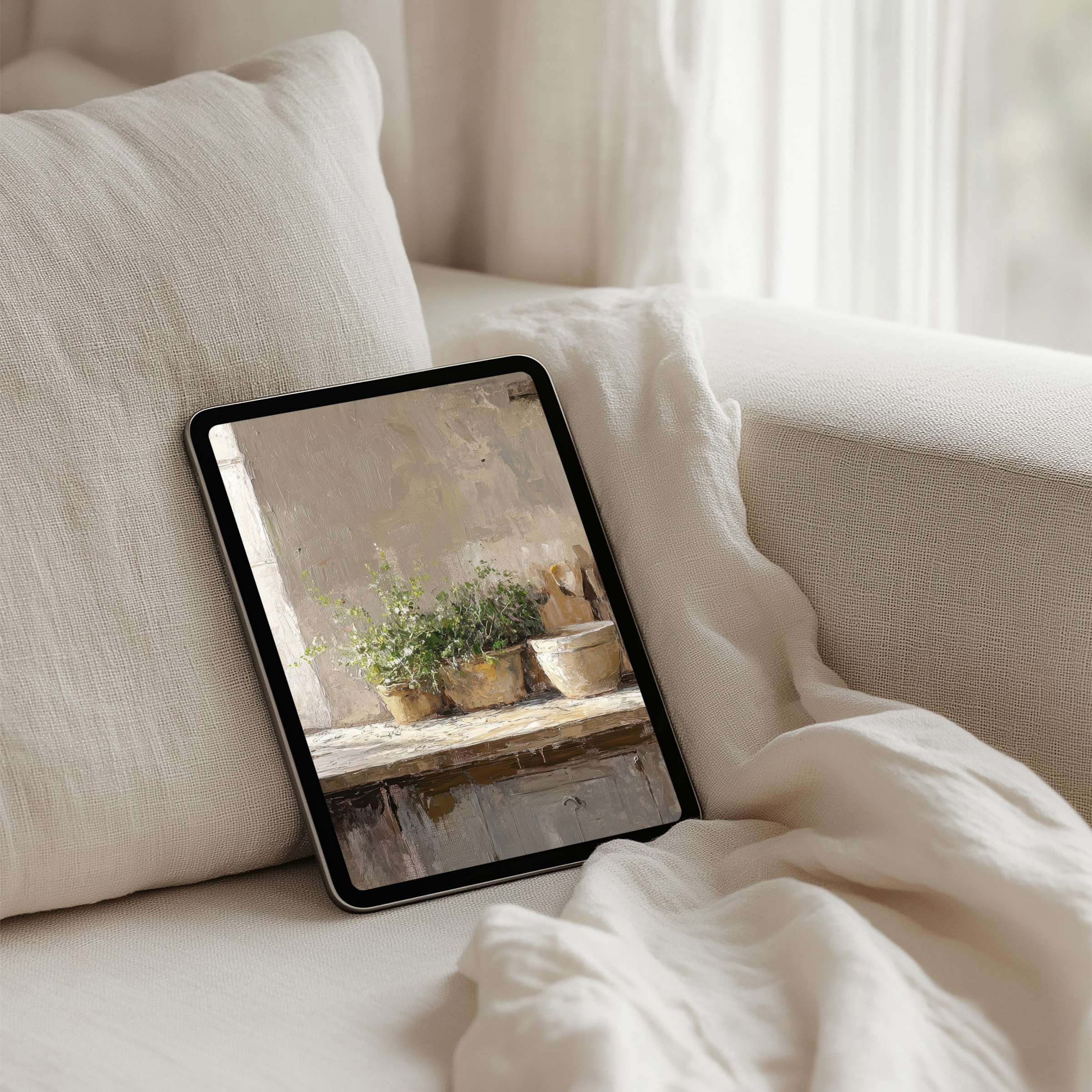 Elegant iPad background featuring serene plants in soft tones perfect for any tablet instant download enhances calmness and style