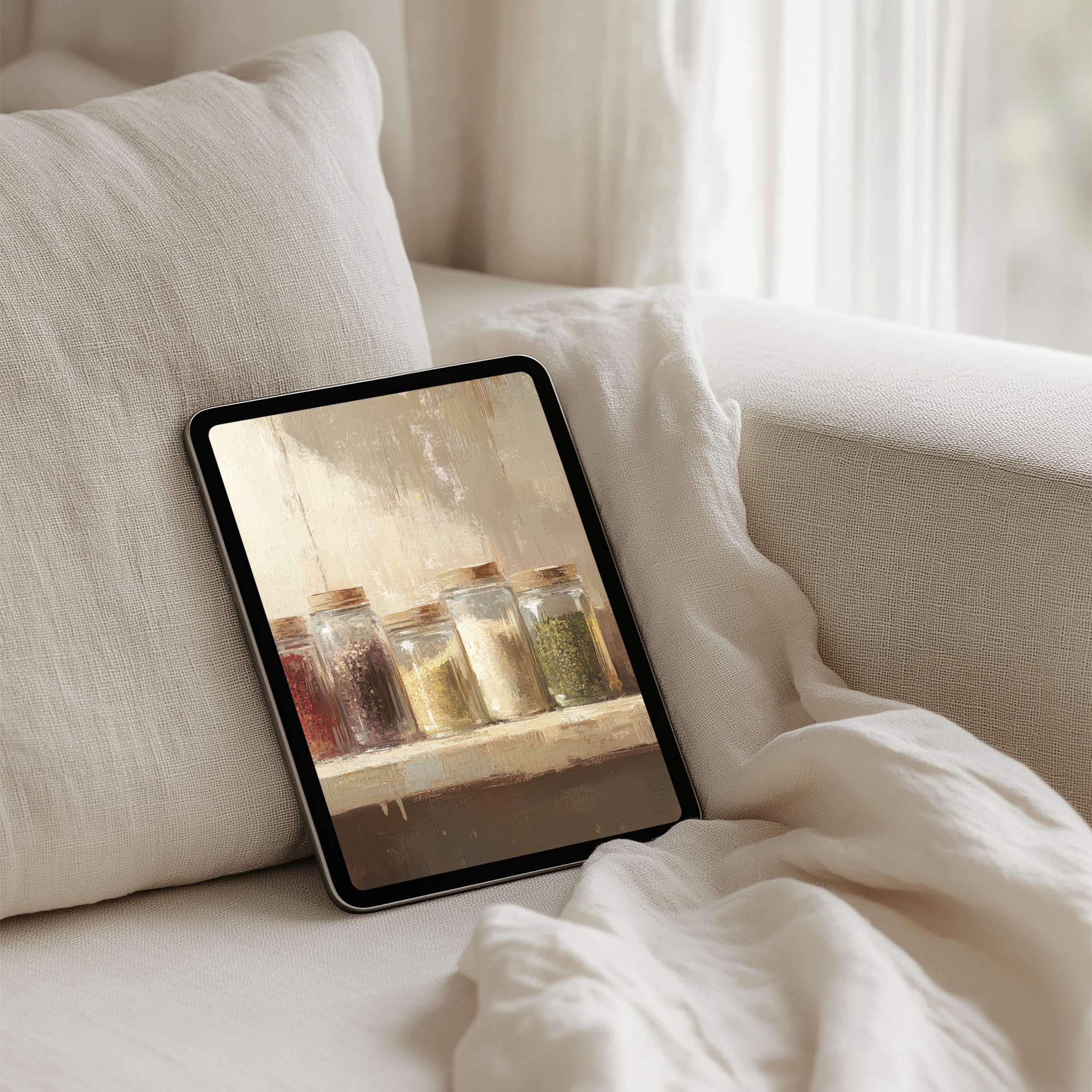 Tranquil iPad background with serene jars on shelf offers instant download for tablet artistry inspiring calm and elegance