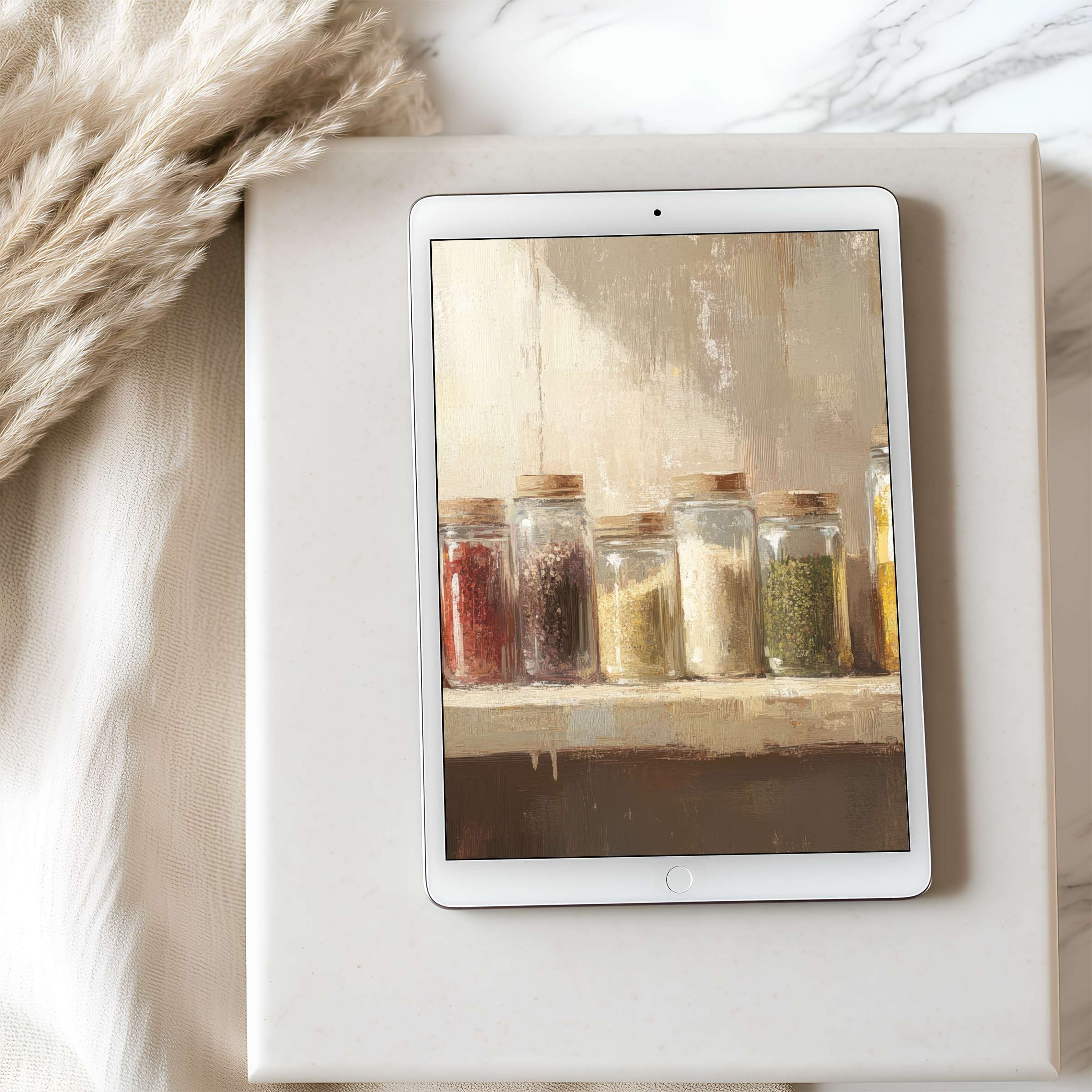 Elegant tablet wallpaper featuring high resolution jars of spices in soft earth tones evokes warmth and calm suitable for iPad download