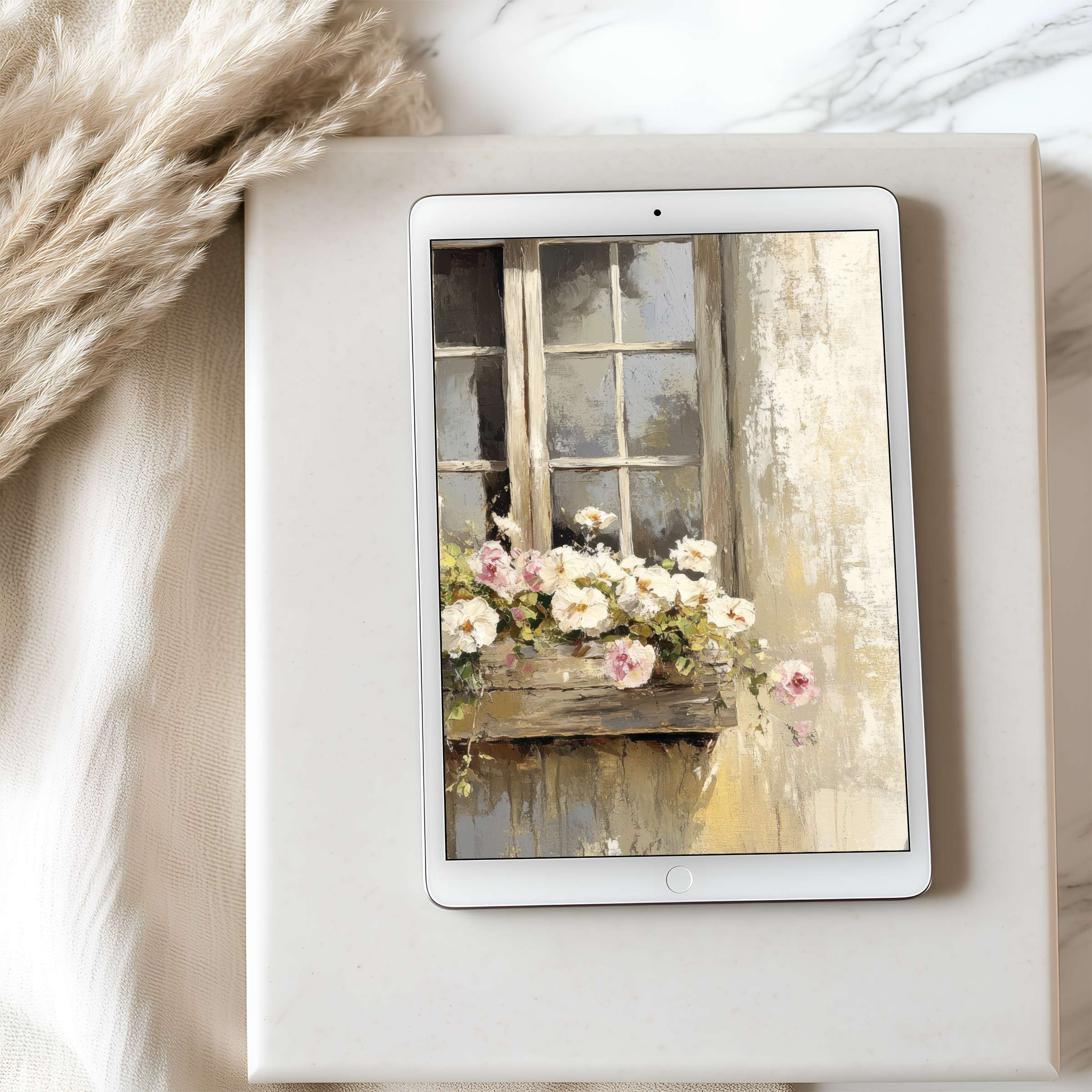 Elegant floral tablet wallpaper featuring vintage window art in soft beige tones offers high resolution for iPad and Android users