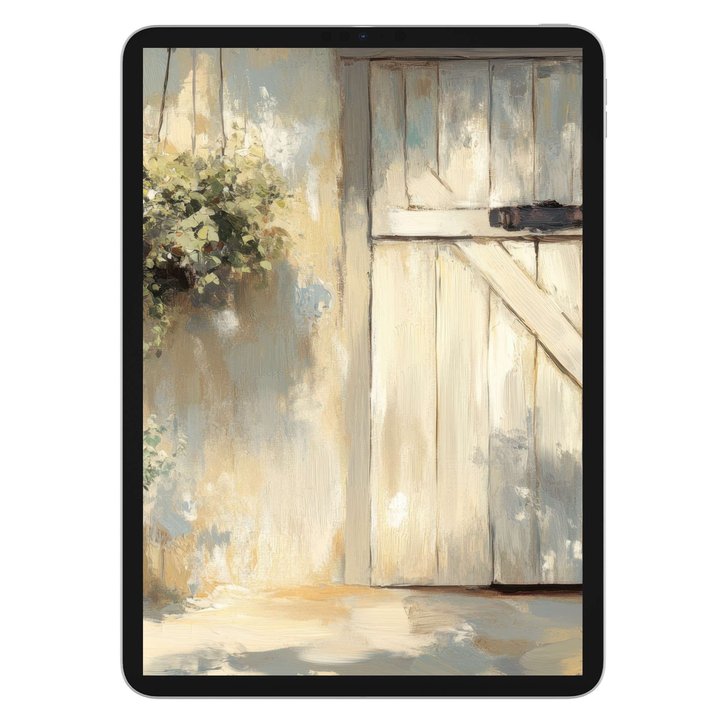 Farmhouse iPad wallpaper with rustic door art offers a soothing digital download background for tablets, exuding elegance and tranquility
