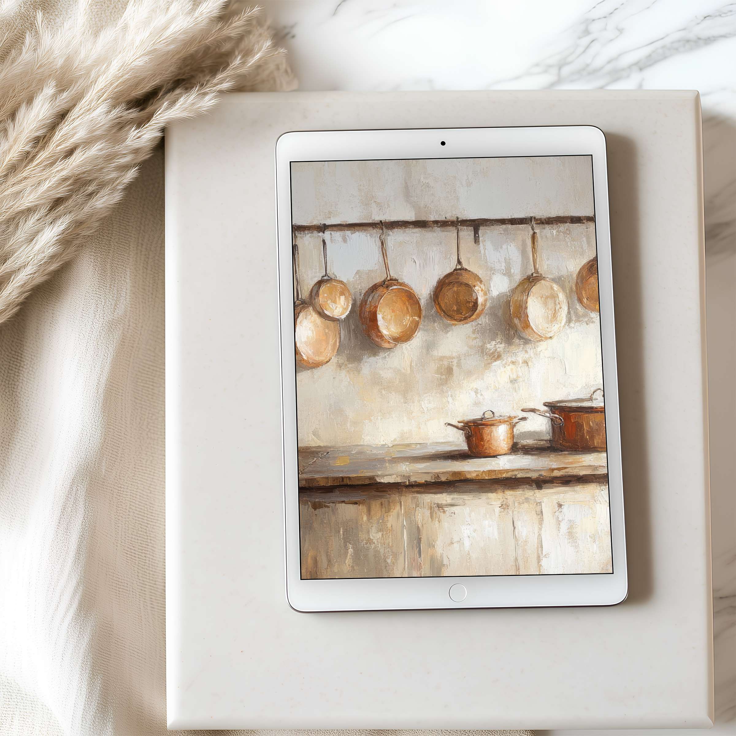 Elegant tablet wallpaper featuring a rustic kitchen scene with warm tones, perfect for iPad and Android, elevating your digital ambiance