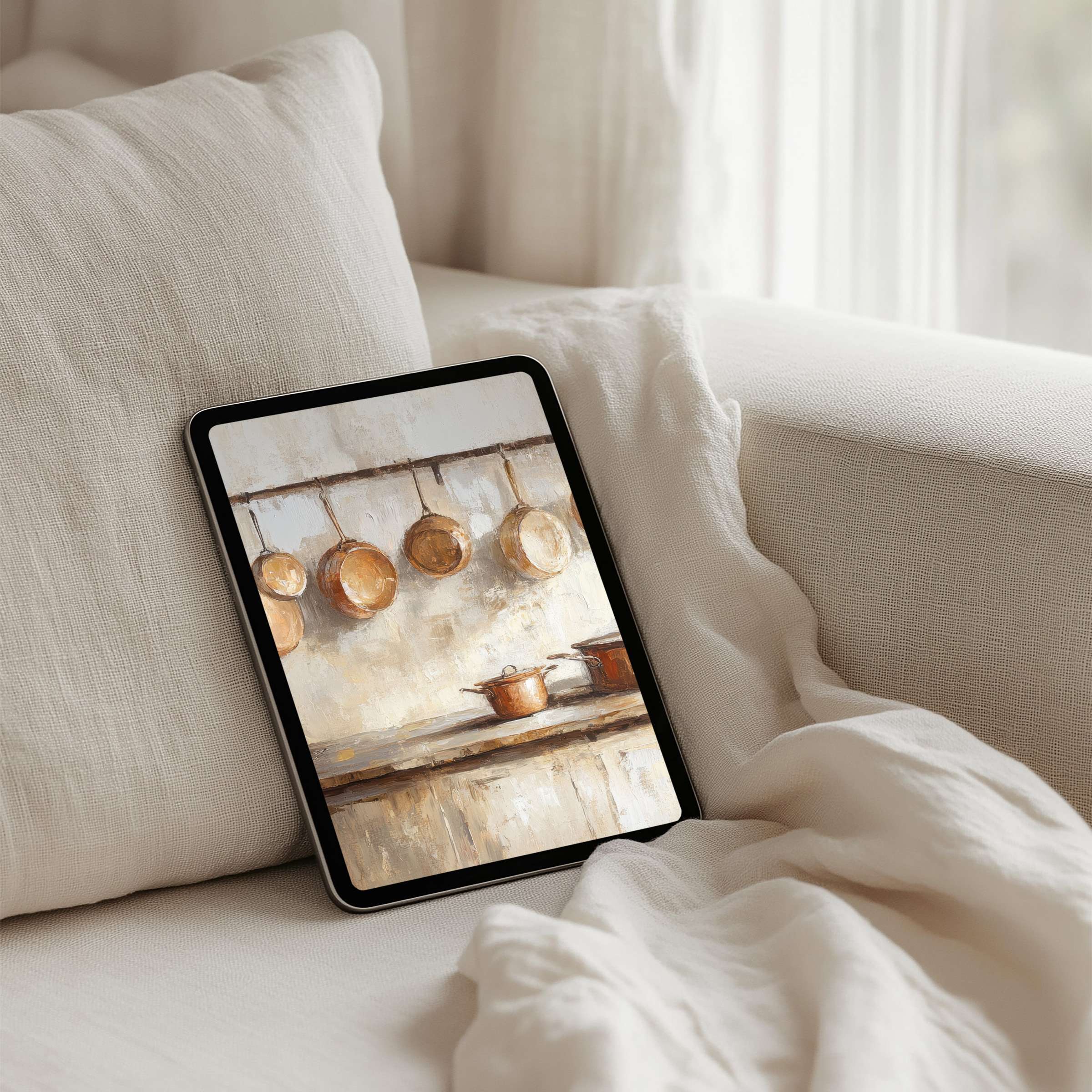 Elegant iPad background featuring rustic kitchen art offers calm and inspiration; perfect for tablet use and instant download