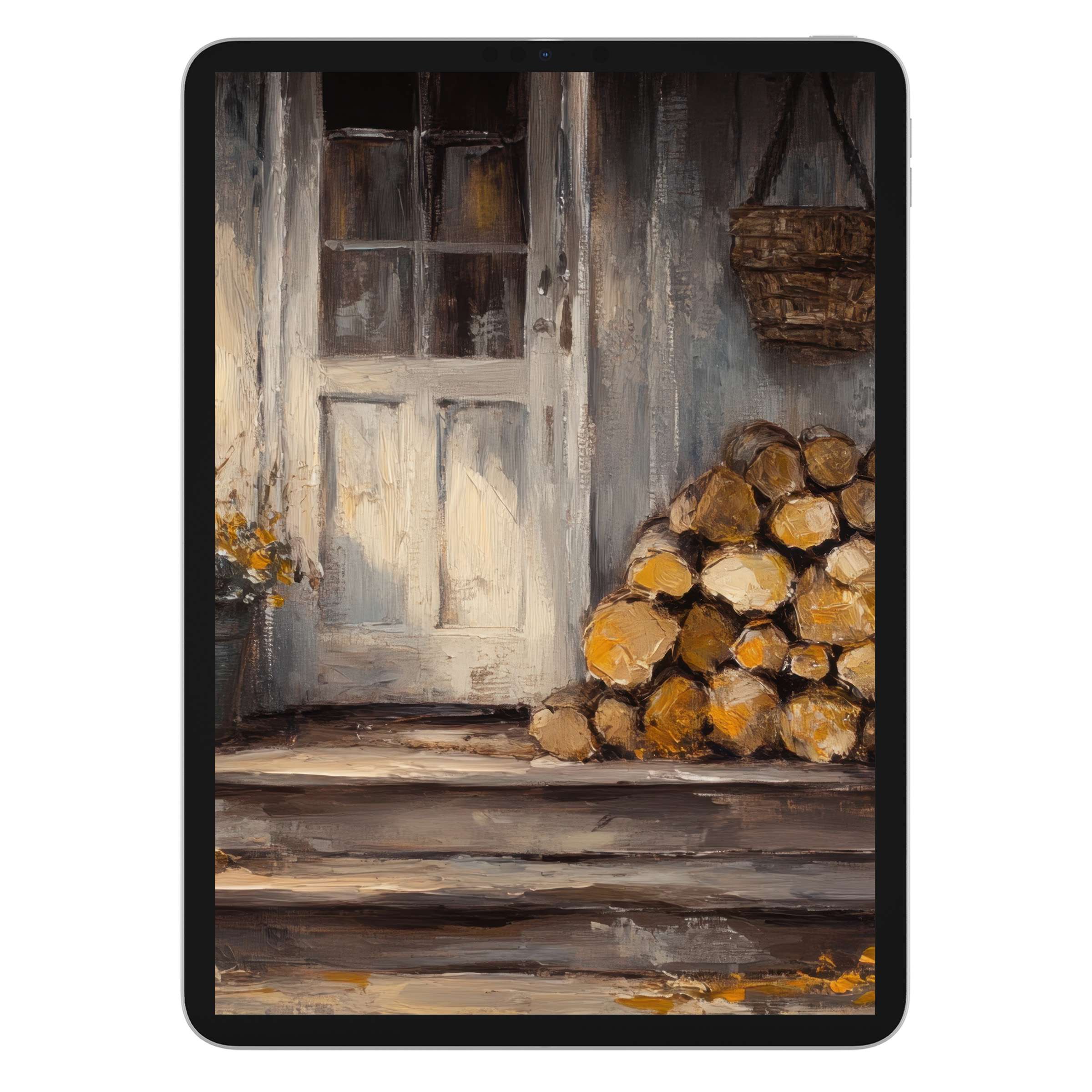 Warm, rustic farmhouse iPad wallpaper for tablet background with digital download features a cozy wooden porch scene for calm elegance