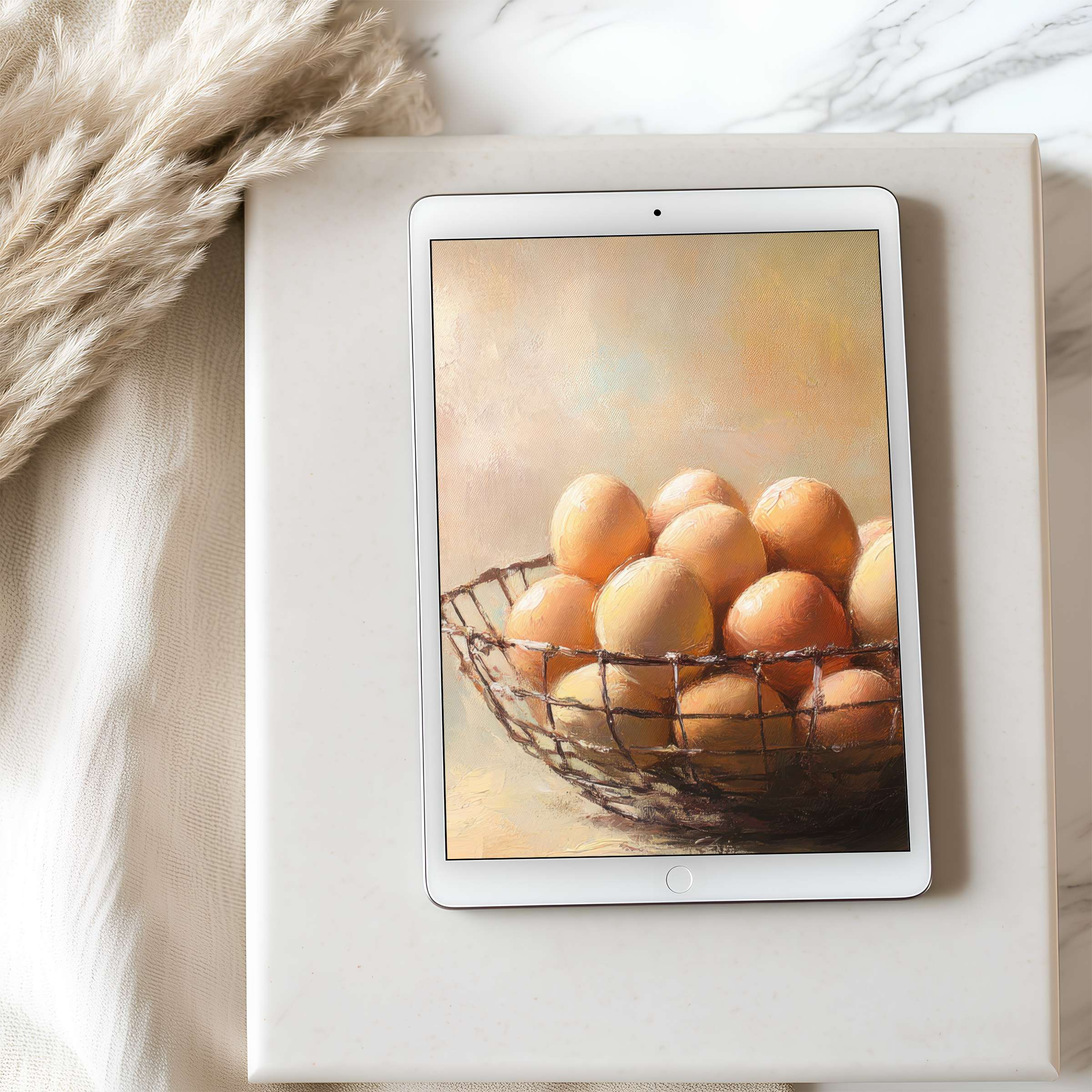 Elegant tablet wallpaper featuring warm-toned eggs in a rustic basket, perfect for iPad or Android tablets, digital download option