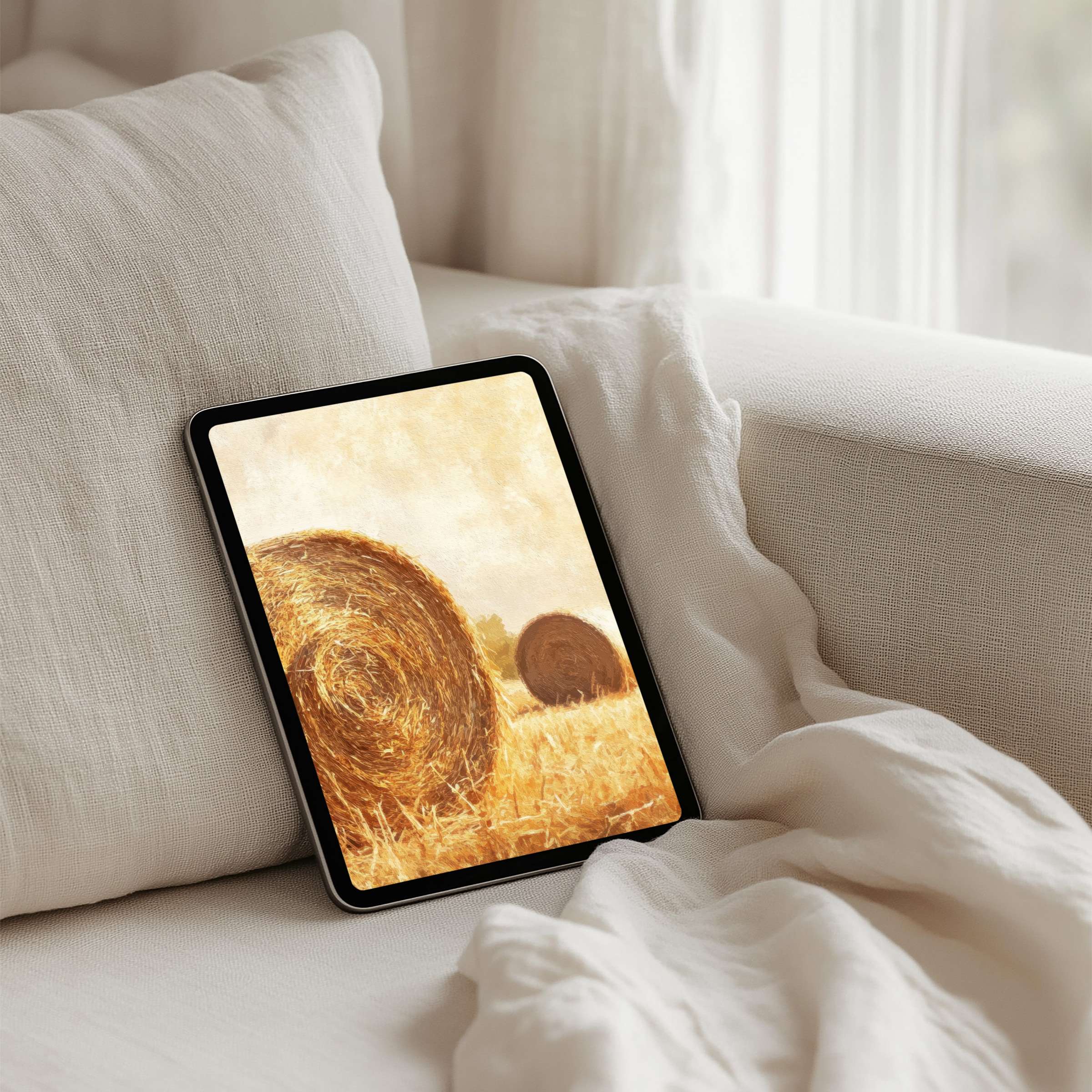 Warm, rustic hay bales iPad background inspires calm elegance on tablet screens, ideal for instant download and mindful design