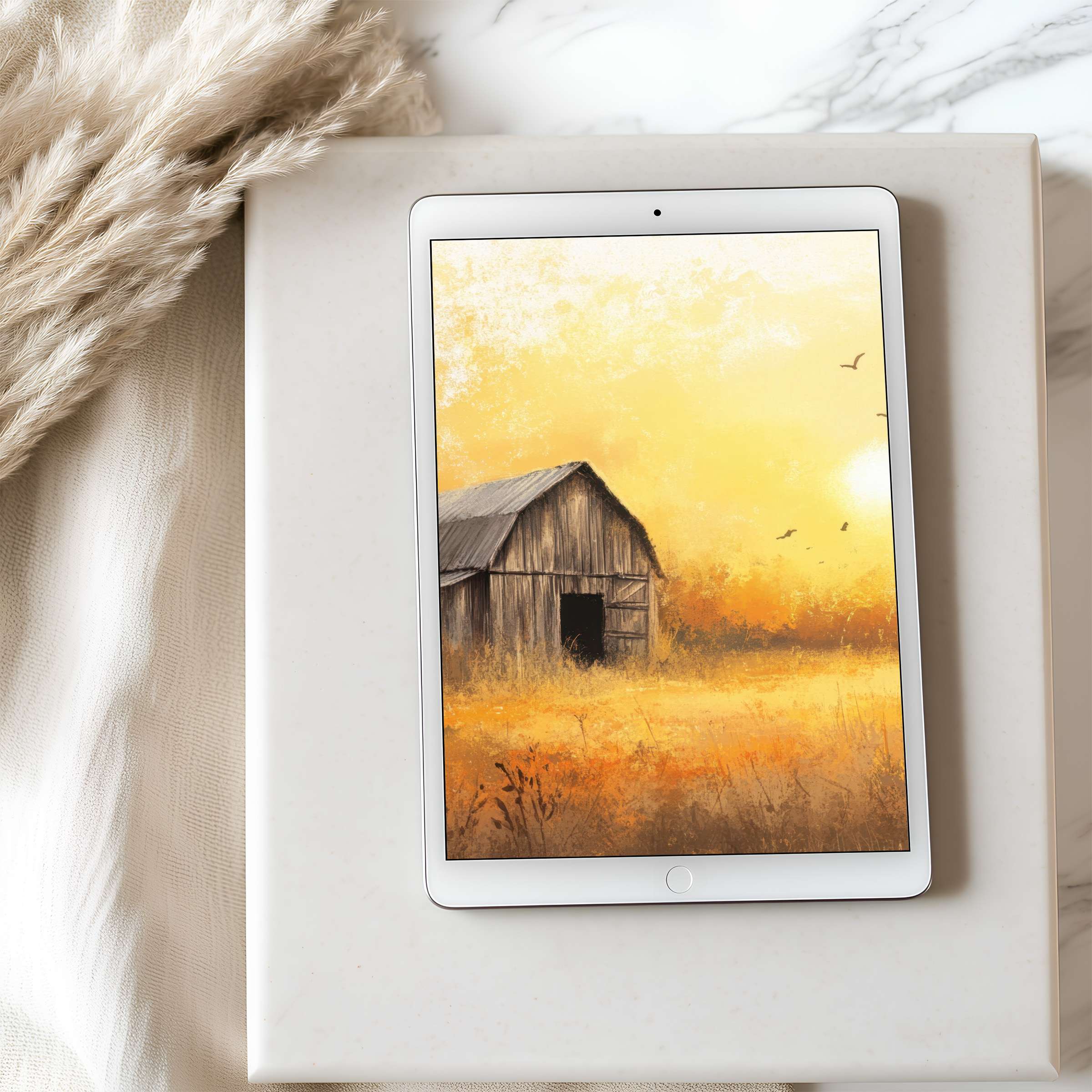 Serene tablet wallpaper featuring a rustic barn in soft golden hues with birds for iPad high resolution digital download