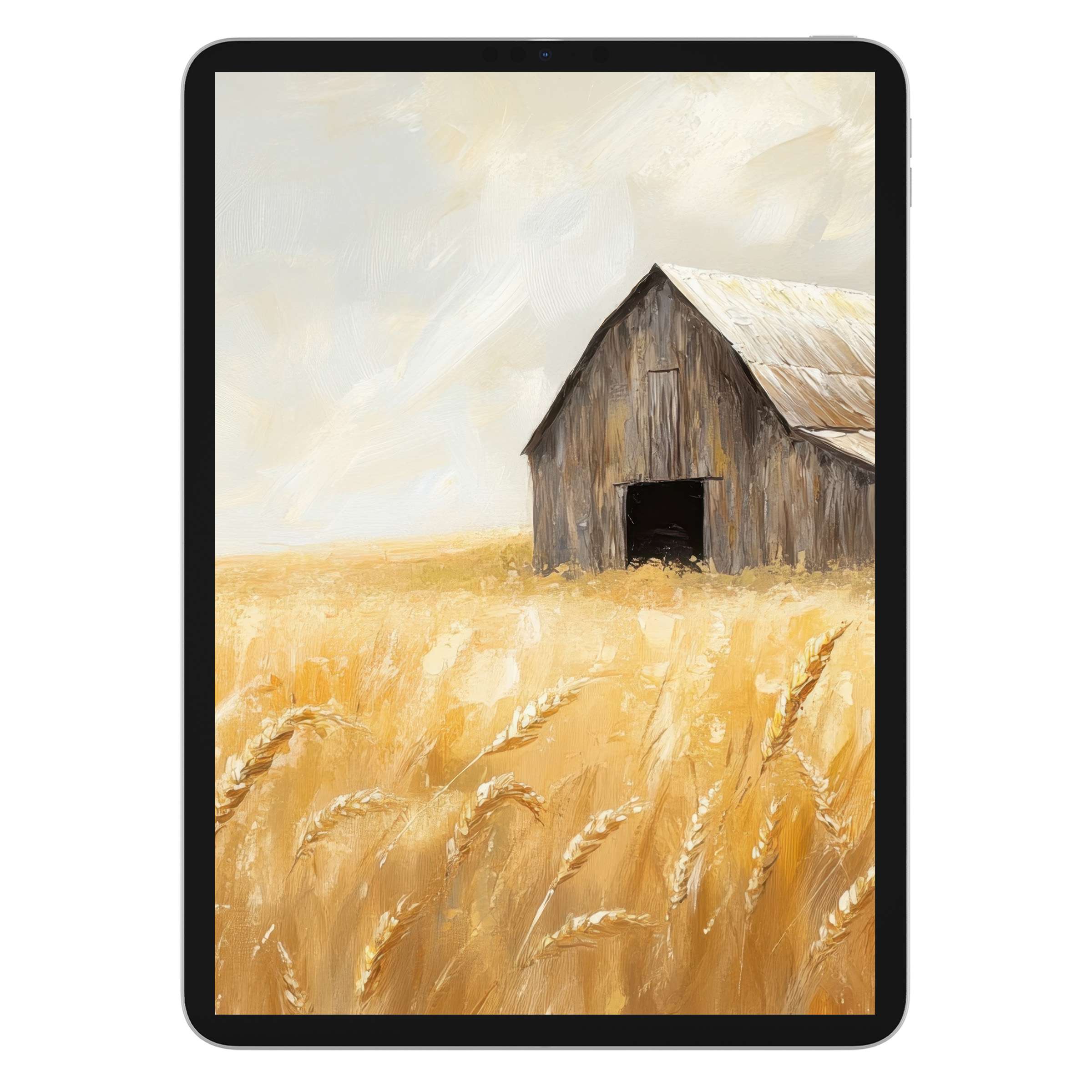 Farmhouse iPad wallpaper with rustic barn amid golden wheat fields, perfect digital download for tablet backgrounds embracing serene elegance
