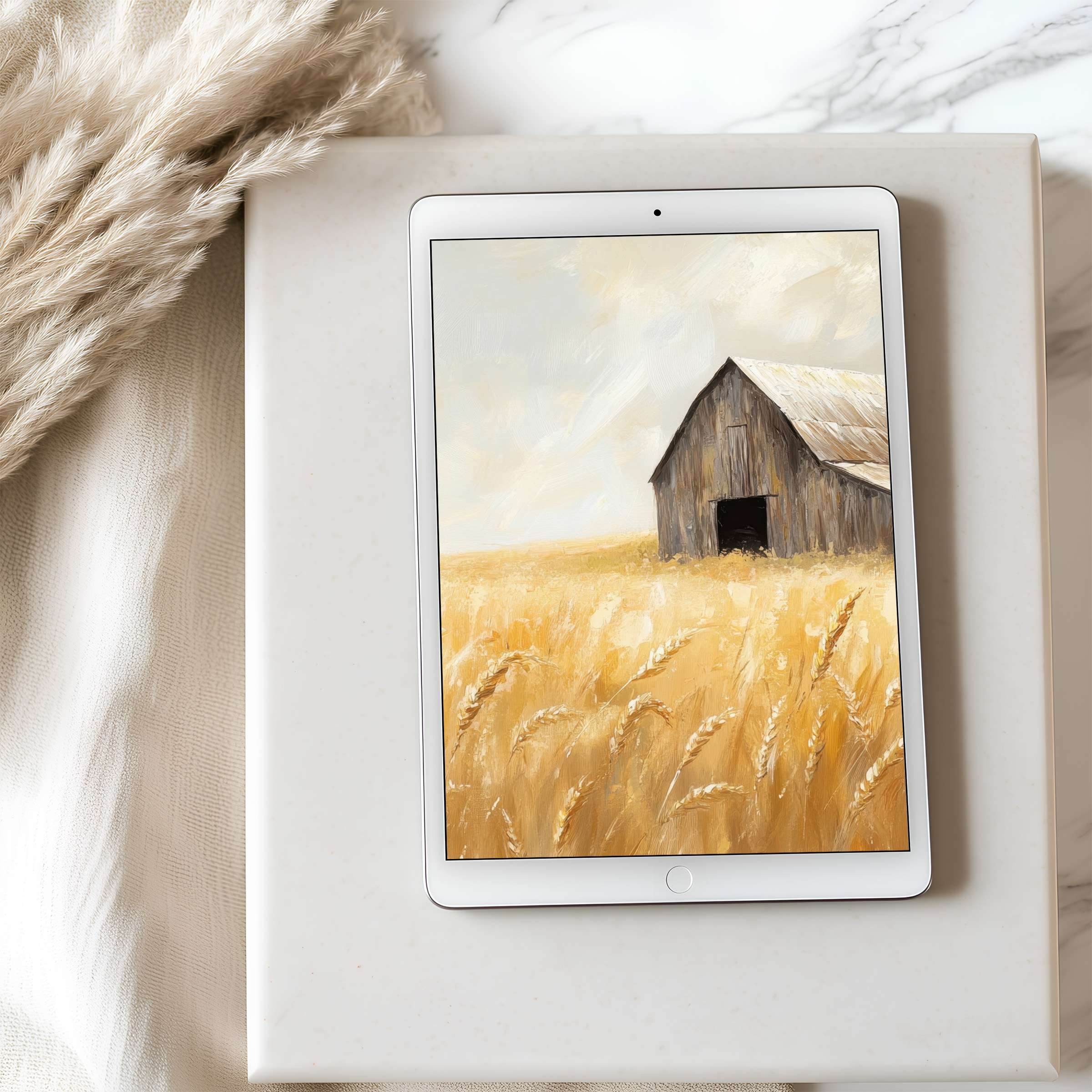 Elegant tablet wallpaper featuring a high-resolution rustic barn and golden wheat field design, perfect for iPad and Android downloads