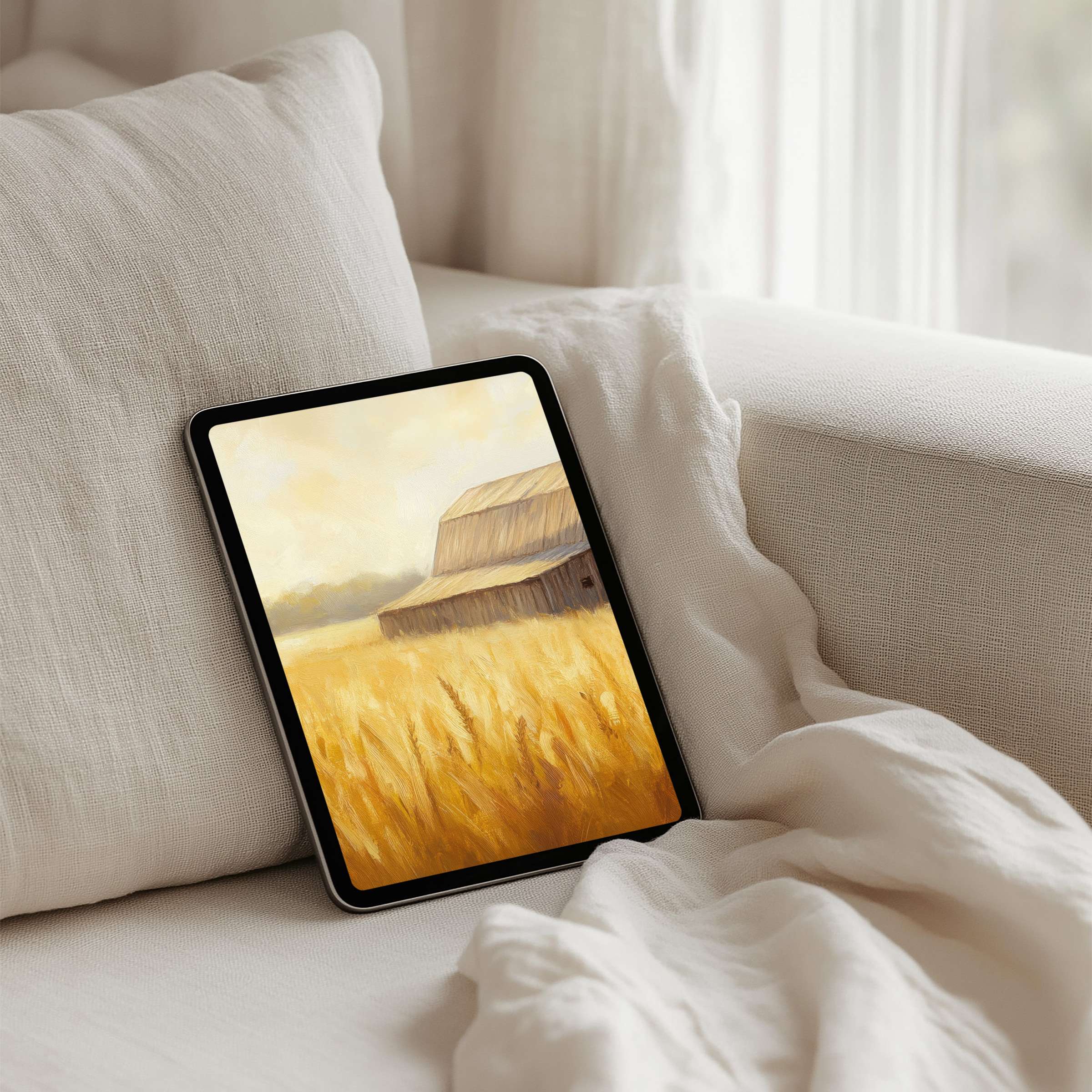 Serene pastoral painting iPad background for instant download evokes calm, elegance on any tablet enhancing mindful aesthetics