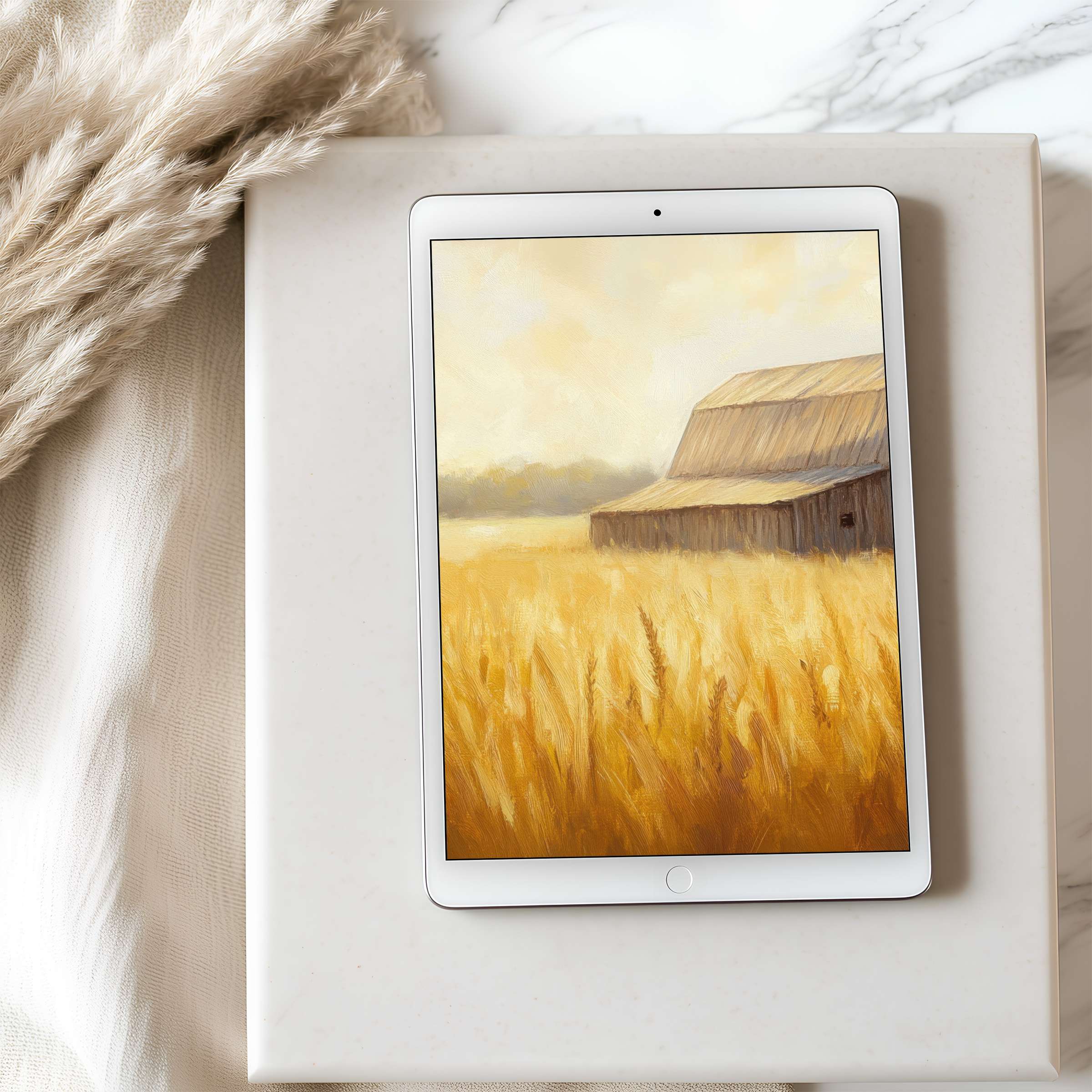 Serene wheat field painting tablet wallpaper, perfect for high-resolution iPad and Android display, evokes warmth and tranquility in your space