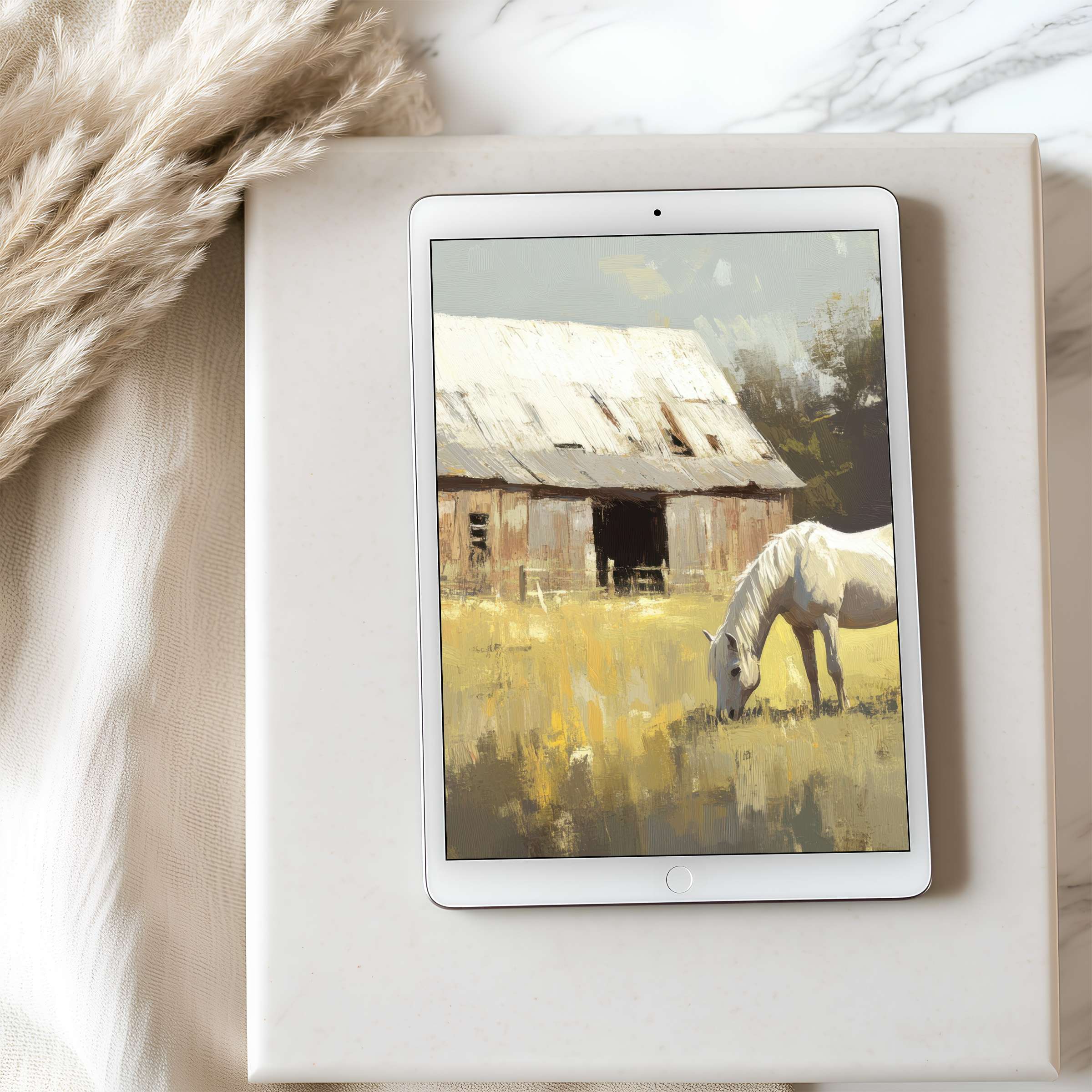 Elegant tablet wallpaper featuring a rustic barn and grazing horse in warm tones offers high resolution, ideal for iPad or Android