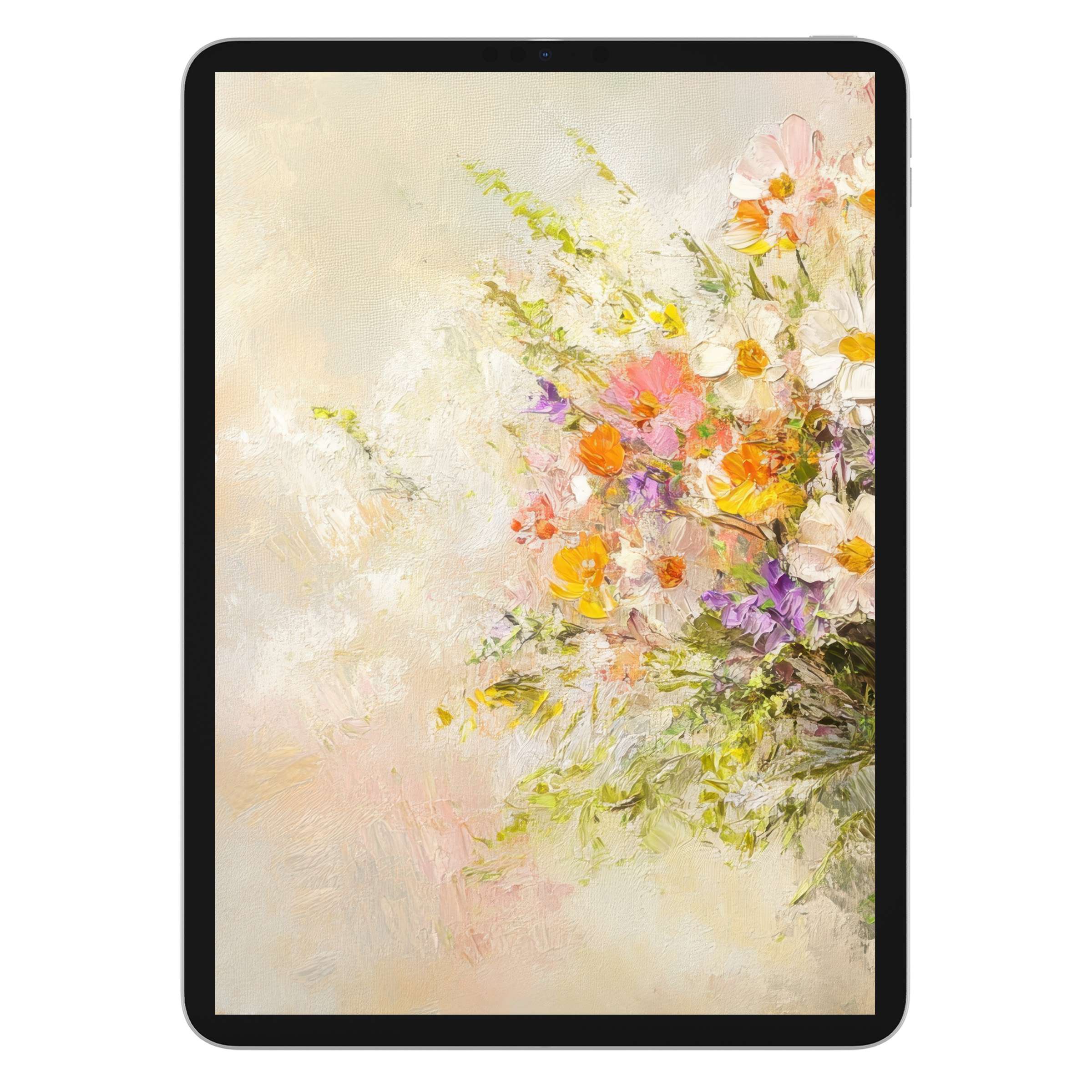 Farmhouse iPad wallpaper features a vibrant floral painting with soft textures, perfect digital download for tablet background users