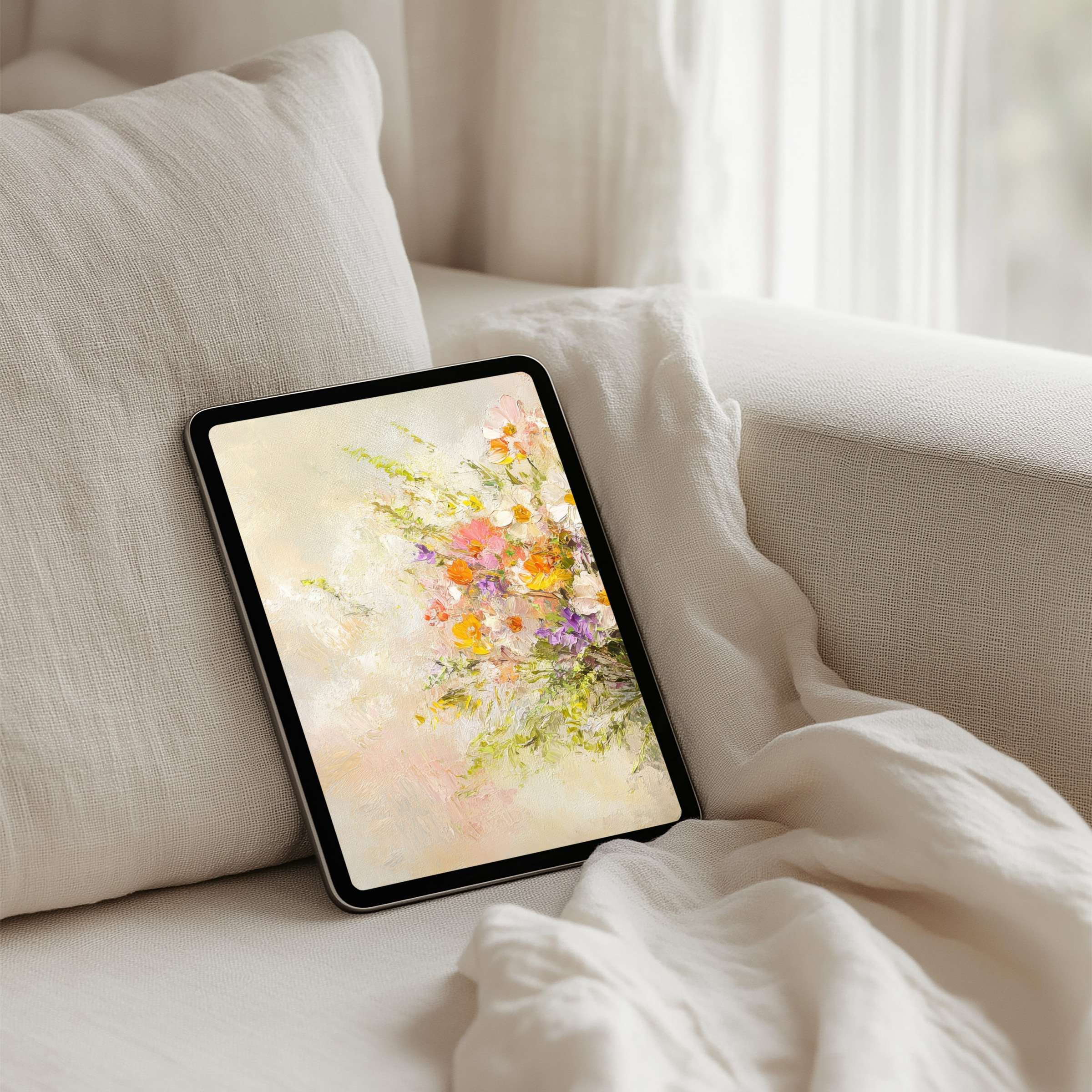 Elegant iPad background featuring a serene floral painting for instant download, ideal for any tablet setting a calm, inspiring mood