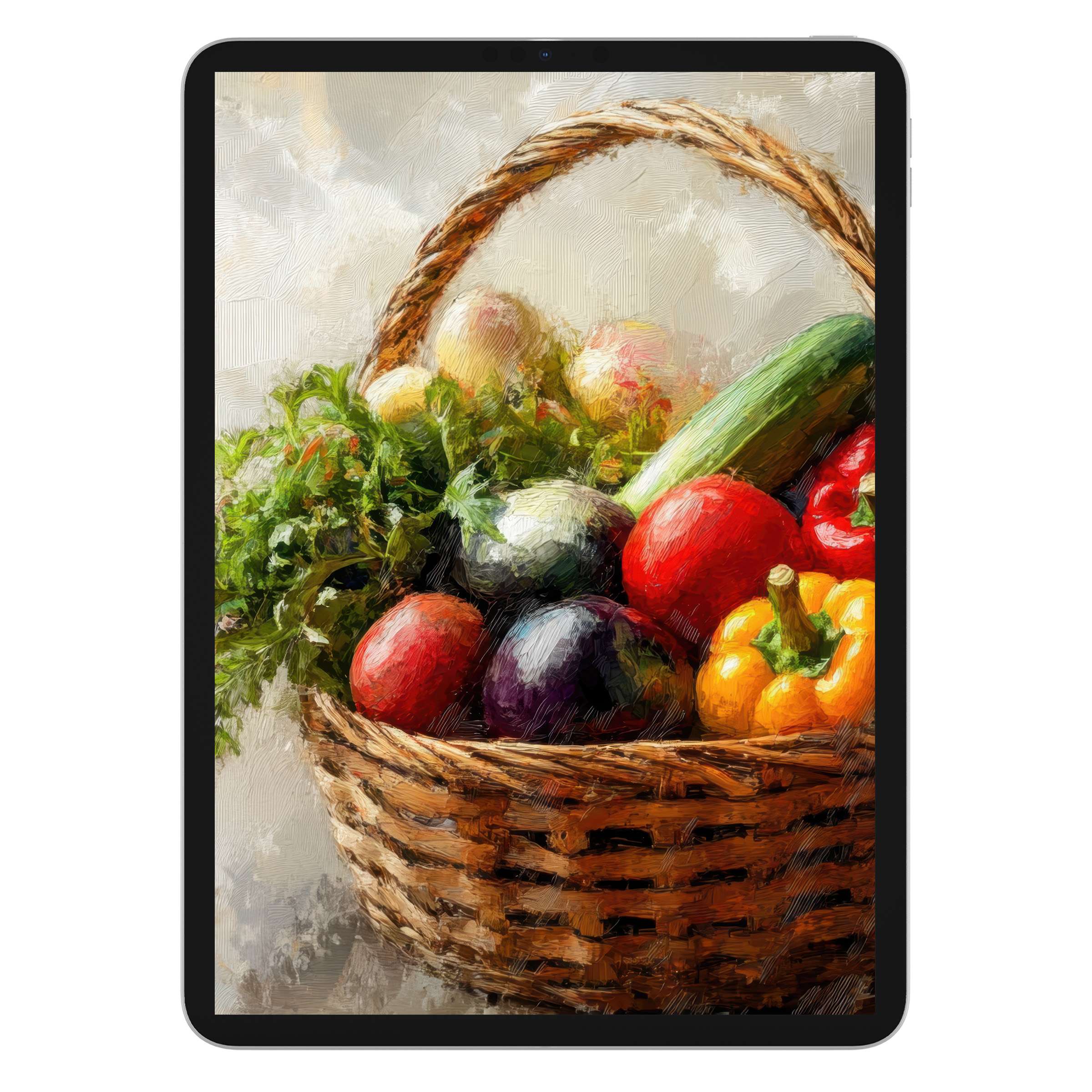 Farmhouse iPad wallpaper with vibrant basket of veggies painted in rich textures, perfect tablet background digital download for calm