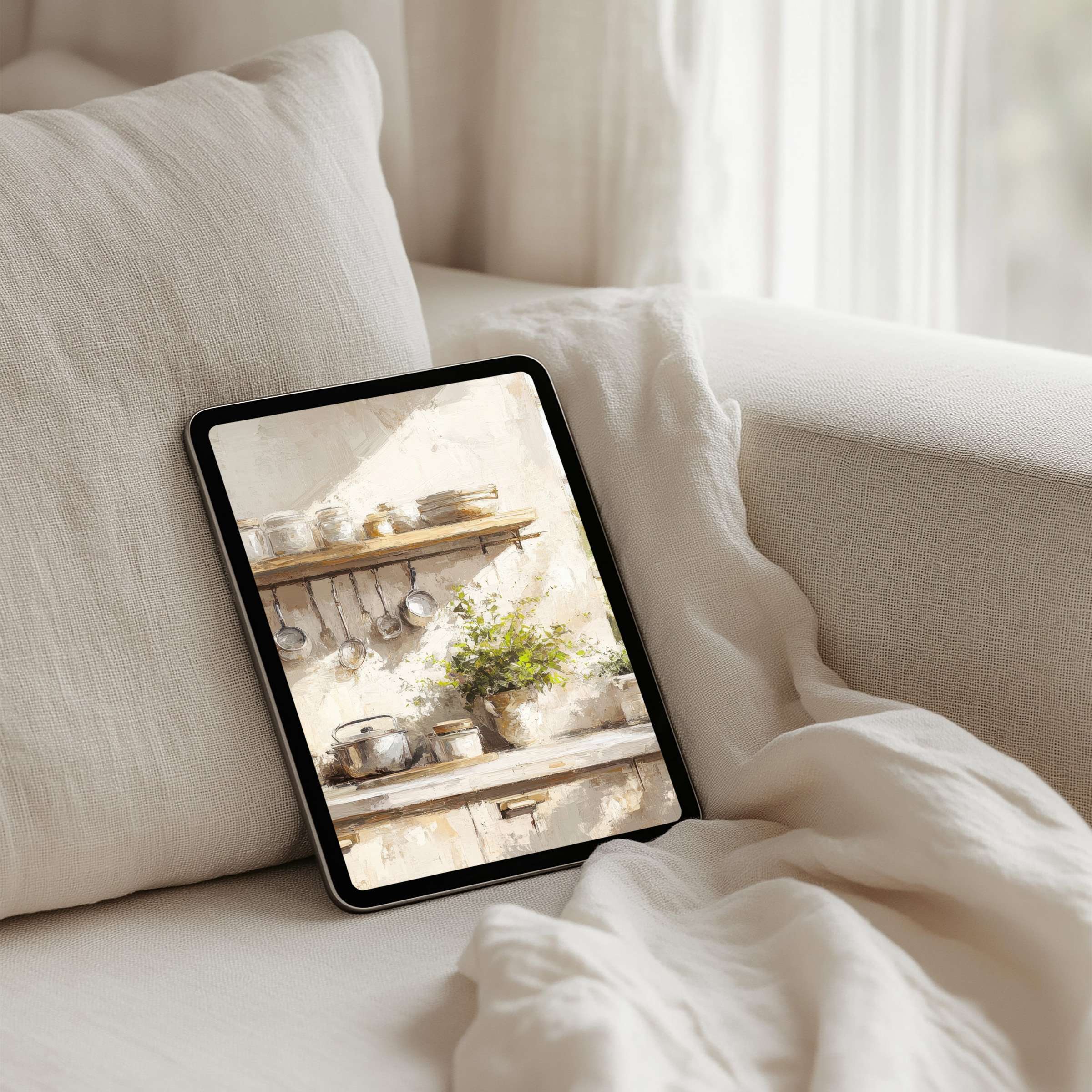 Cozy kitchen art iPad background evokes calm and elegance perfect for tablets instant download for mindful design lovers