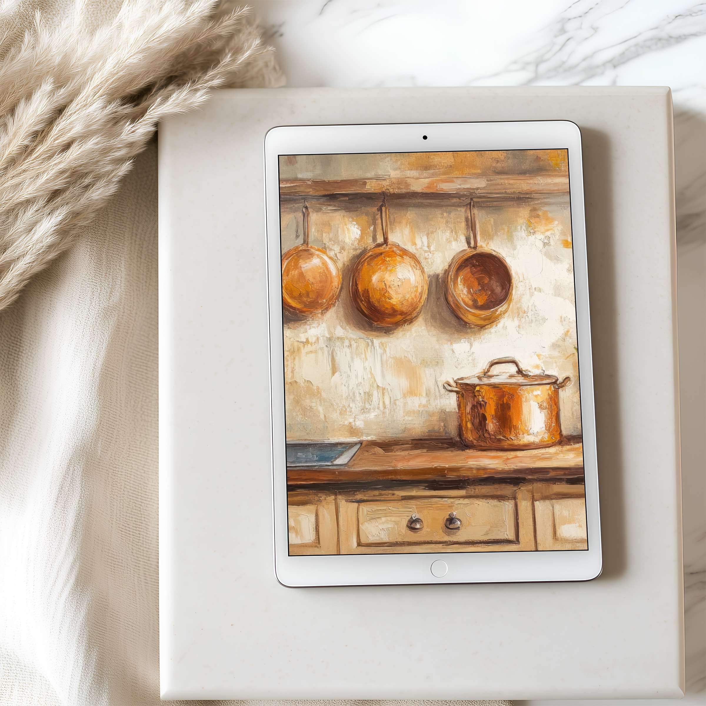 Elegant tablet wallpaper featuring rustic pots in warm earthy tones, perfect for high-resolution iPad and Android digital downloads