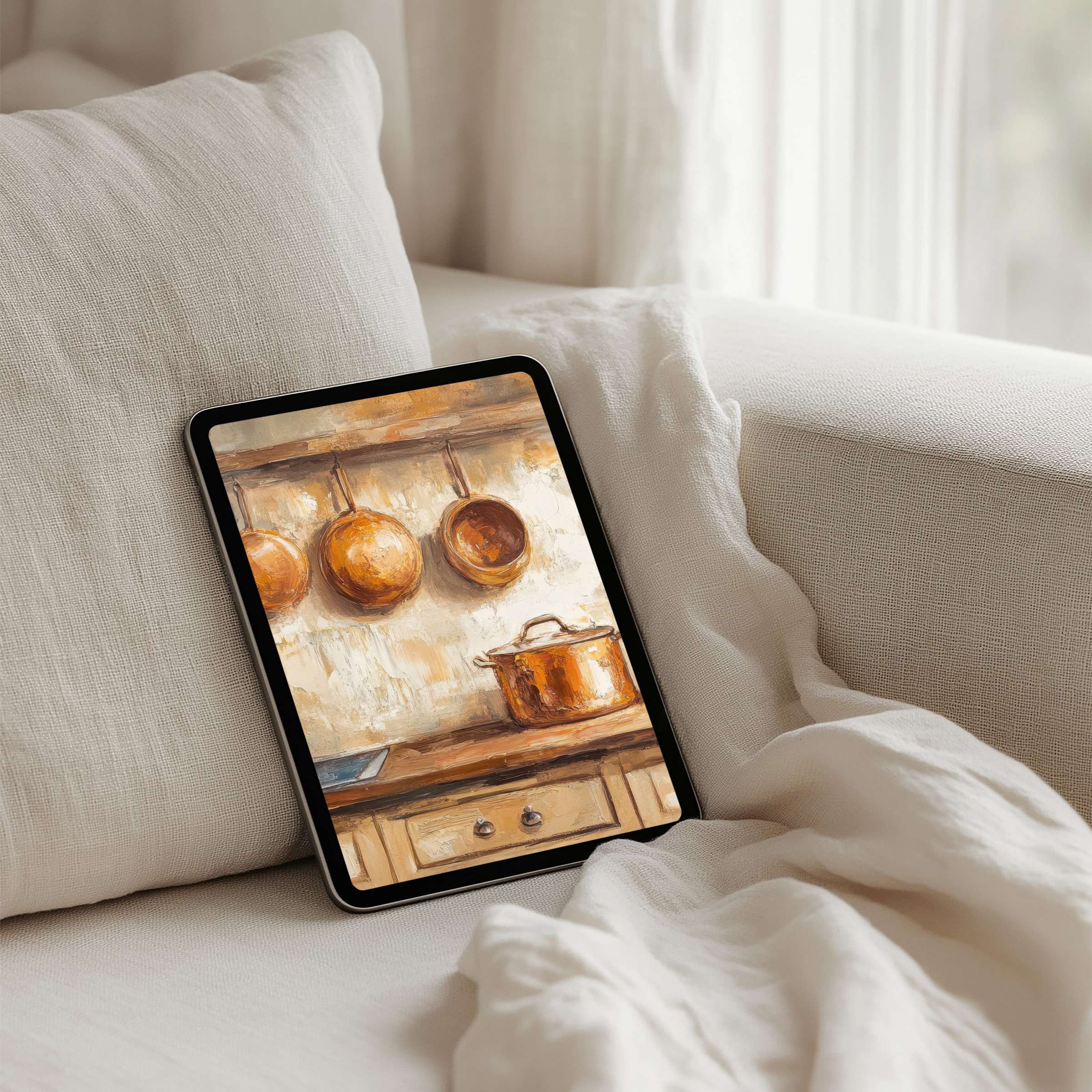 Elegant iPad background with rustic copper cookware painting offers inspiration and calm for instant download on any tablet