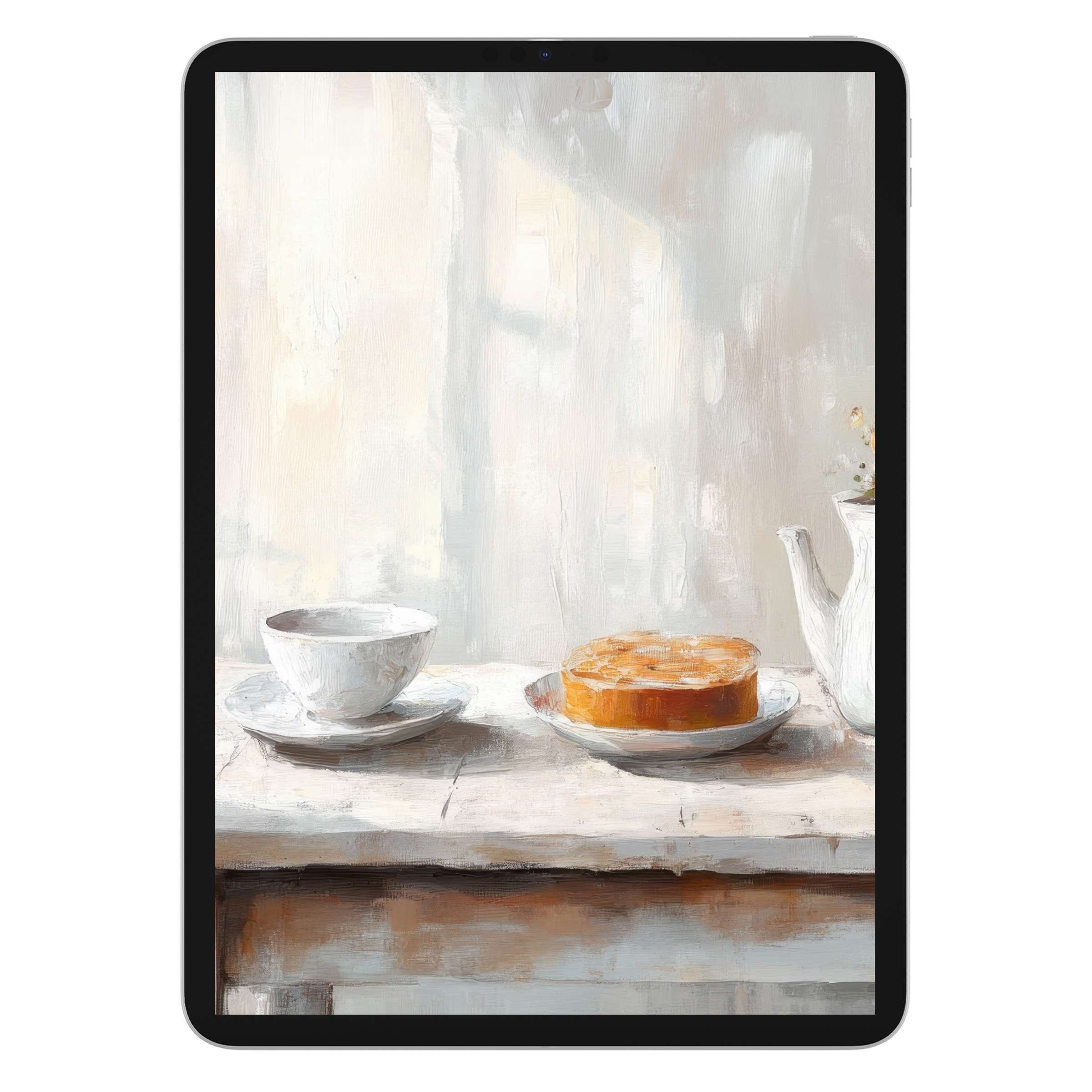 Farmhouse iPad wallpaper digital download features a serene still life with a cup and pastry on a rustic table background for tablets