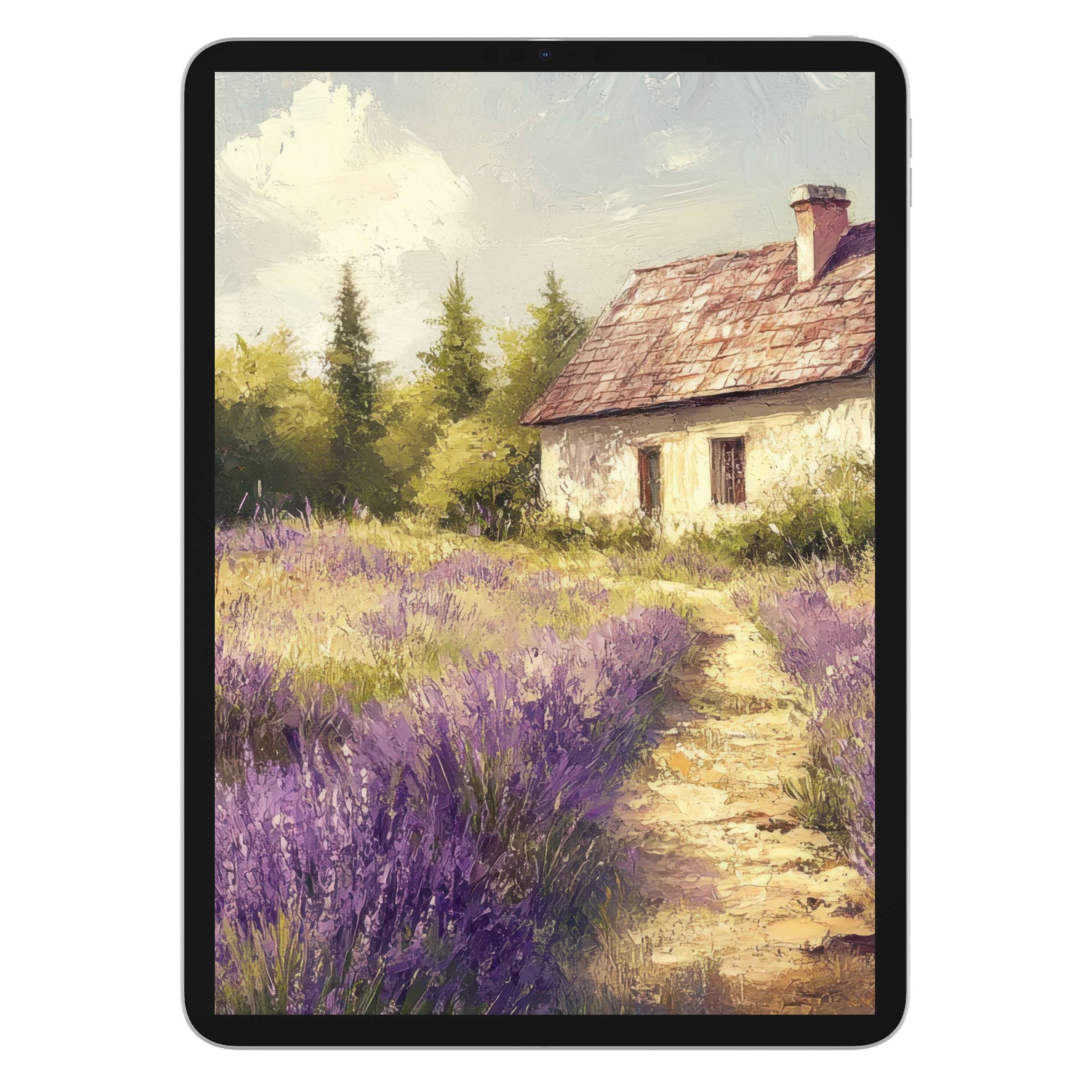 Charming farmhouse iPad wallpaper featuring lavender fields and cottage, ideal digital download background for tablets seeking serene beauty