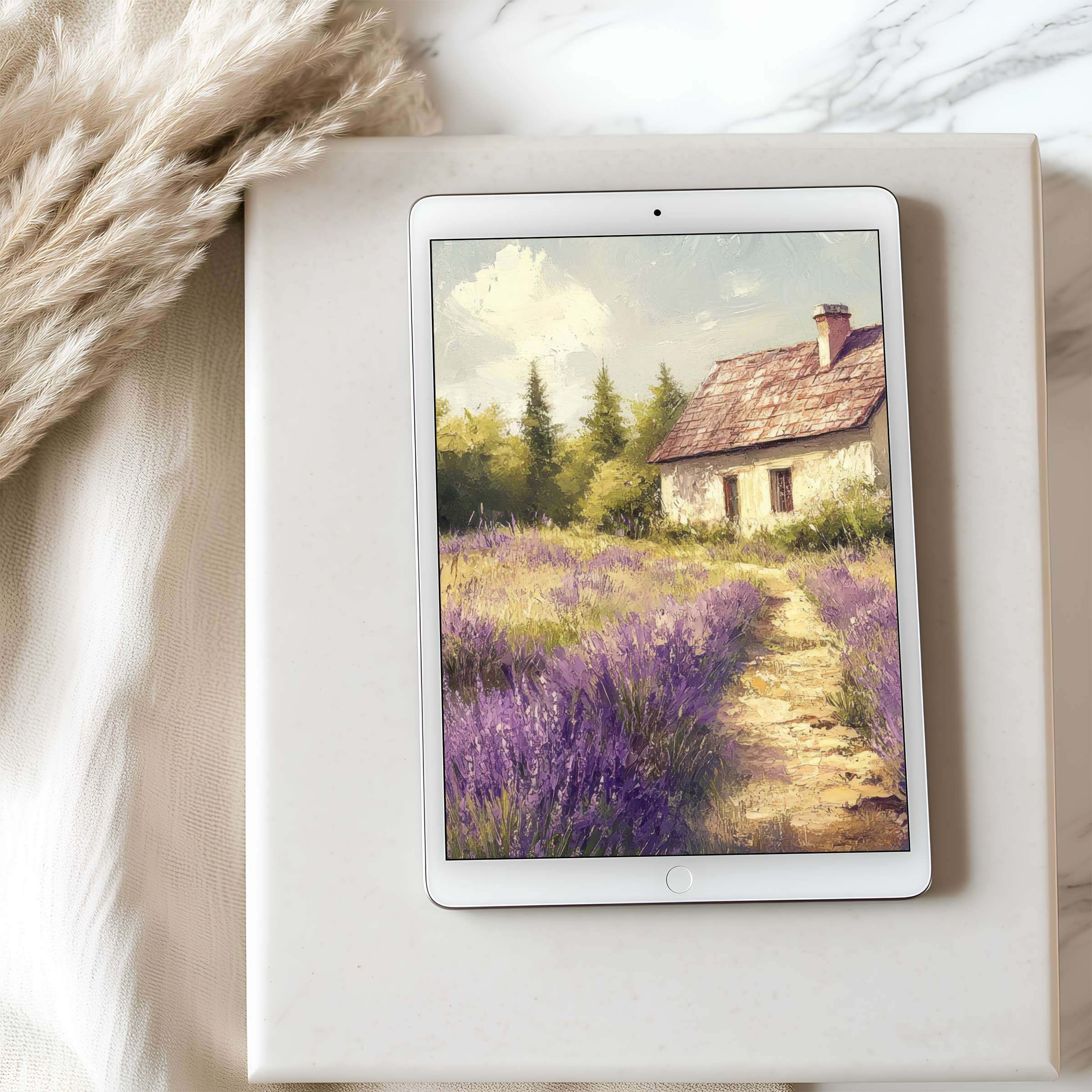Charming tablet wallpaper featuring a serene cottage and vibrant lavender field ideal for high resolution iPad and Android screens