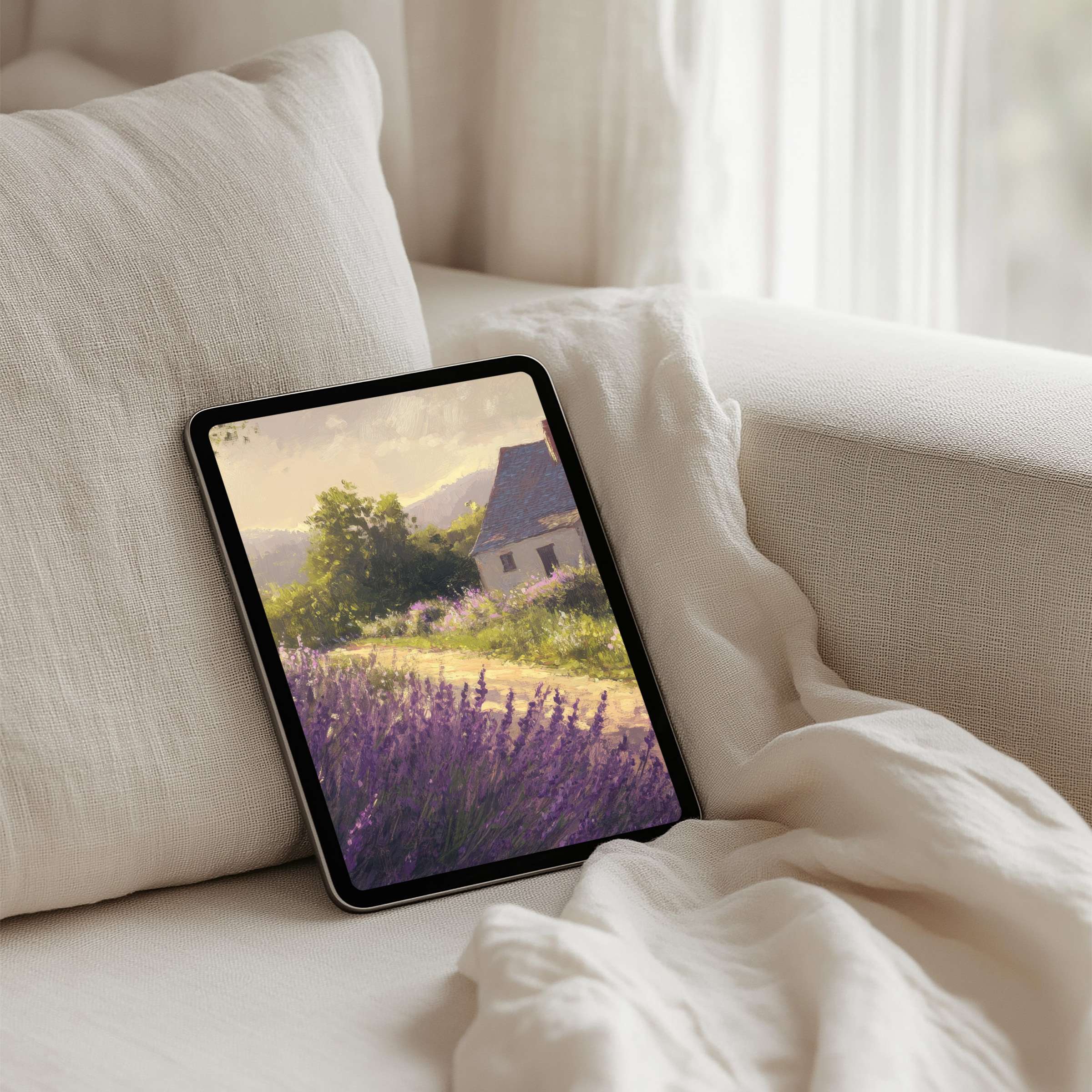 Tranquil lavender field digital art iPad background for instant download; fits Samsung and Android tablets, inspiring elegance
