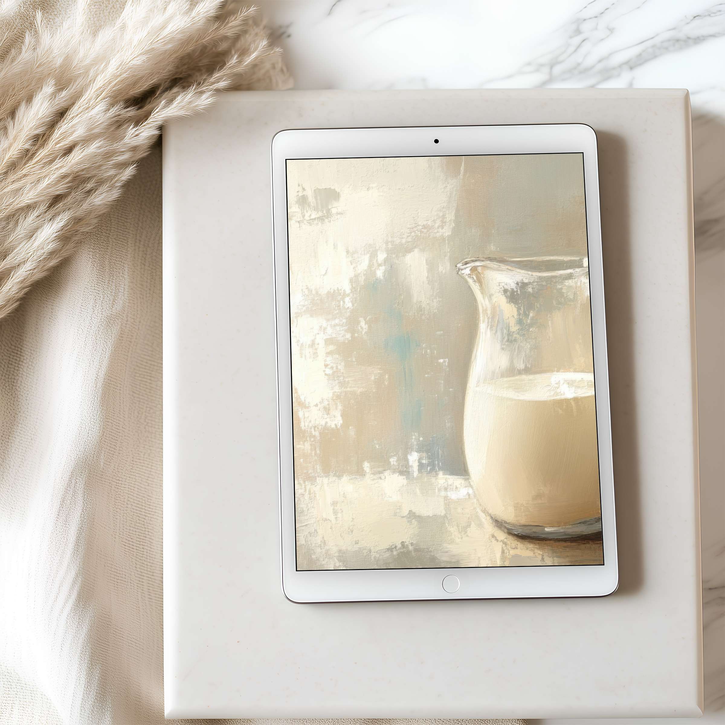 Elegant tablet wallpaper featuring calming abstract art with soft beige and blue tones of a pitcher ideal for high-resolution iPad use