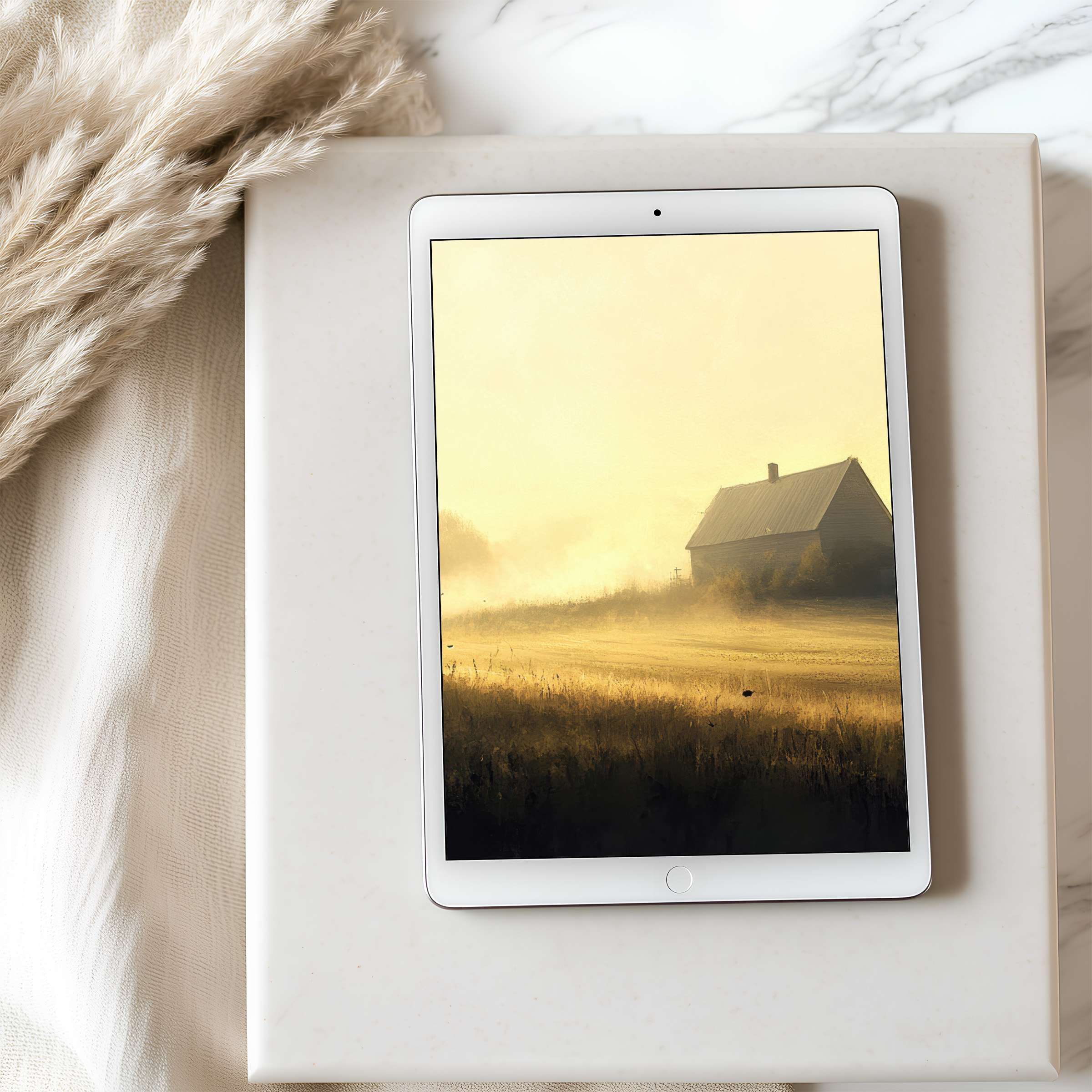 Elegant tablet wallpaper with a tranquil golden sunrise over a serene meadow scene, ideal high-resolution digital download for iPad or Android