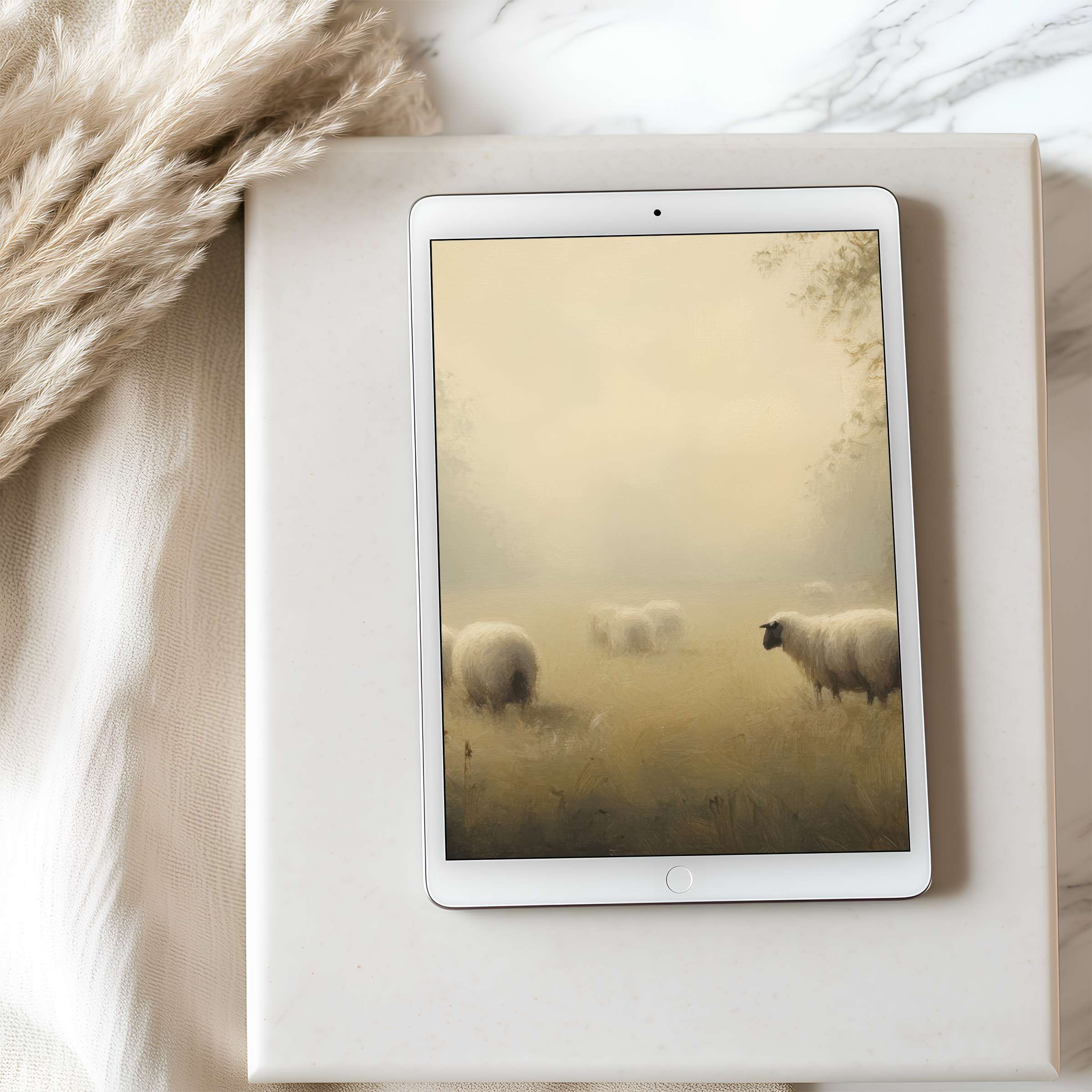 Serene sheep landscape tablet wallpaper blends soft earth tones with elegance, perfect for high resolution iPad and Android downloads