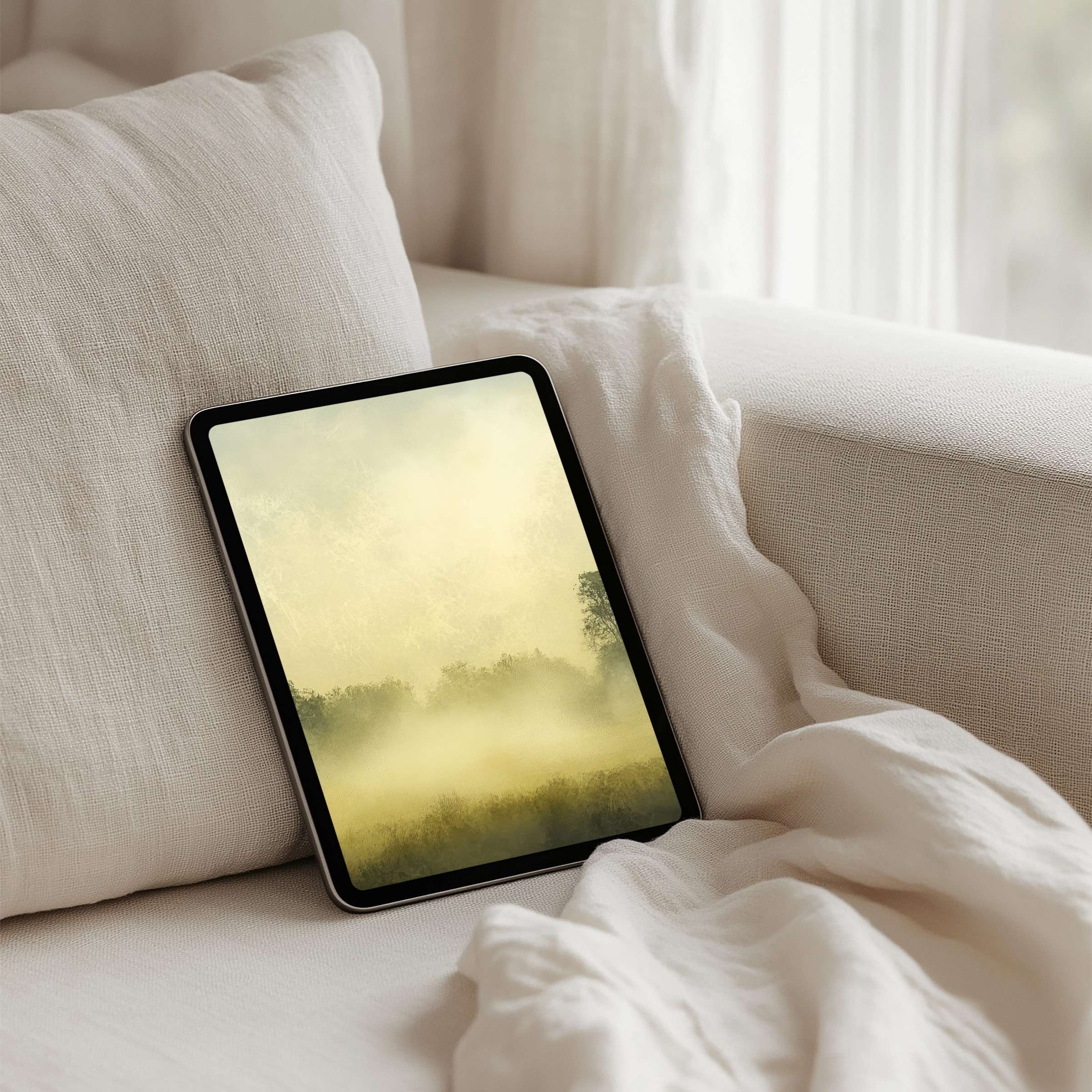 Soft misty landscape iPad background for instant download elevates your tablet's elegance and inspires calm, mindful moments