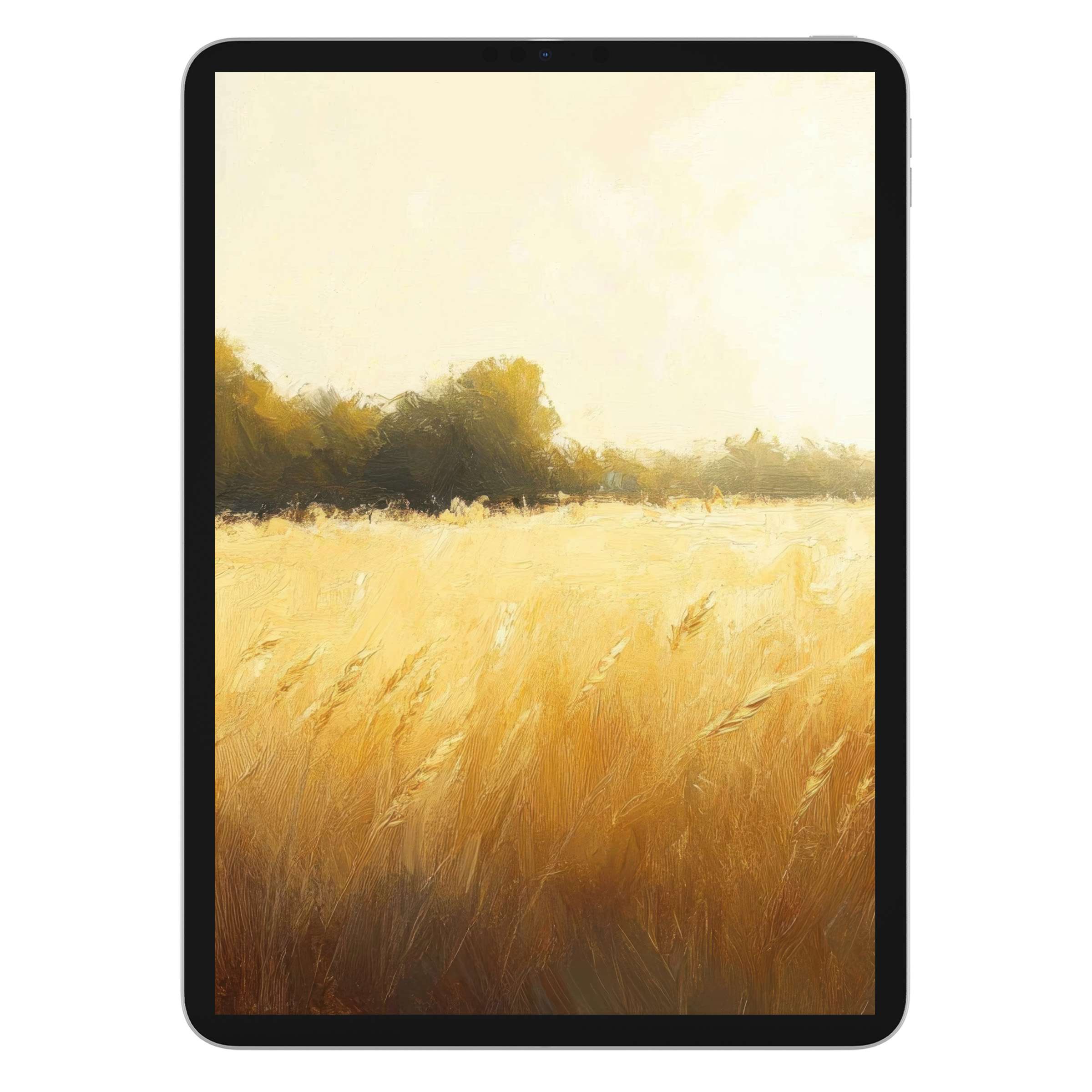 Warm golden wheat fields captured in a serene digital download farmhouse iPad wallpaper, perfect tablet background for mindful design