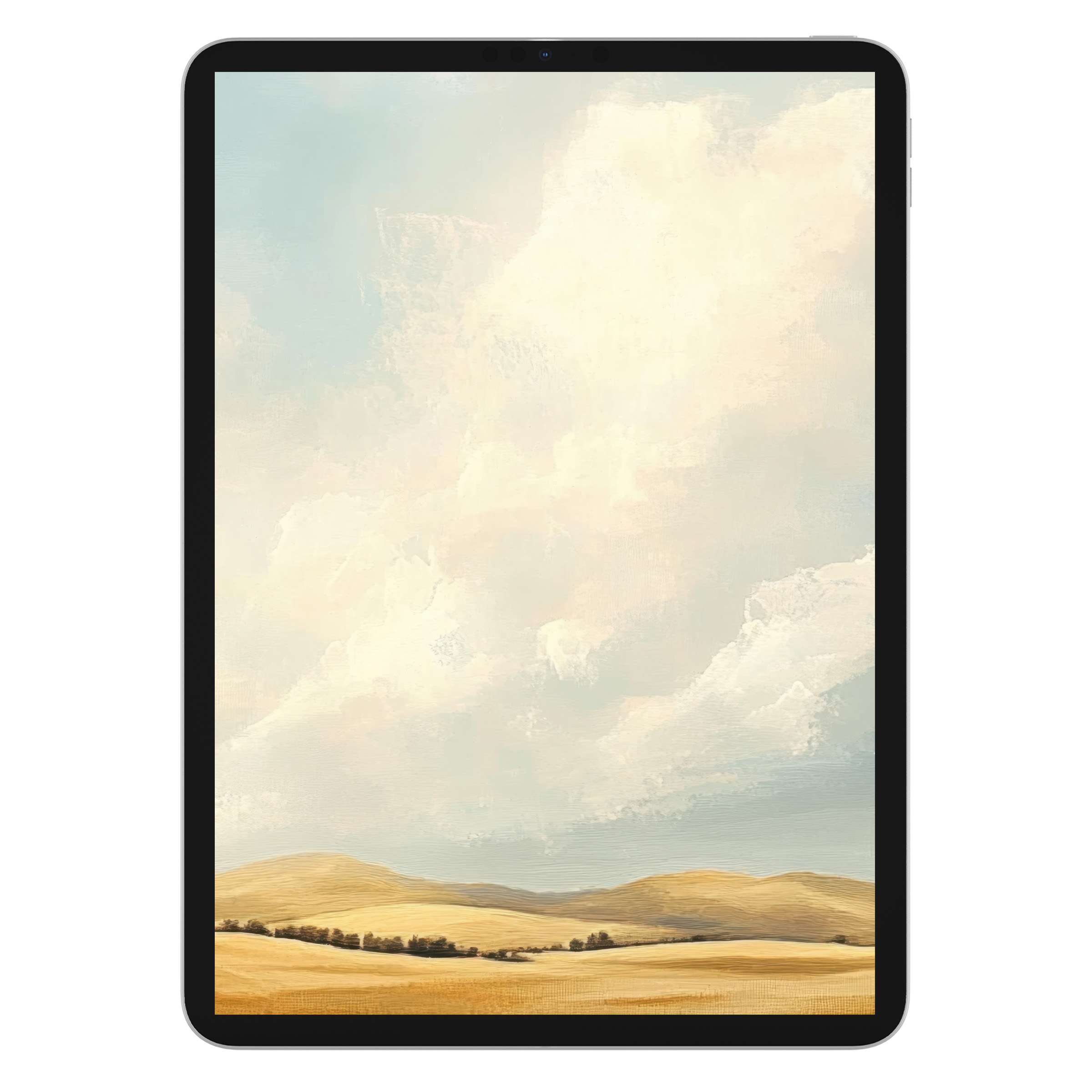Farmhouse iPad wallpaper offers serene digital download featuring soft clouds over golden hills, ideal background for tablets and mobile devices
