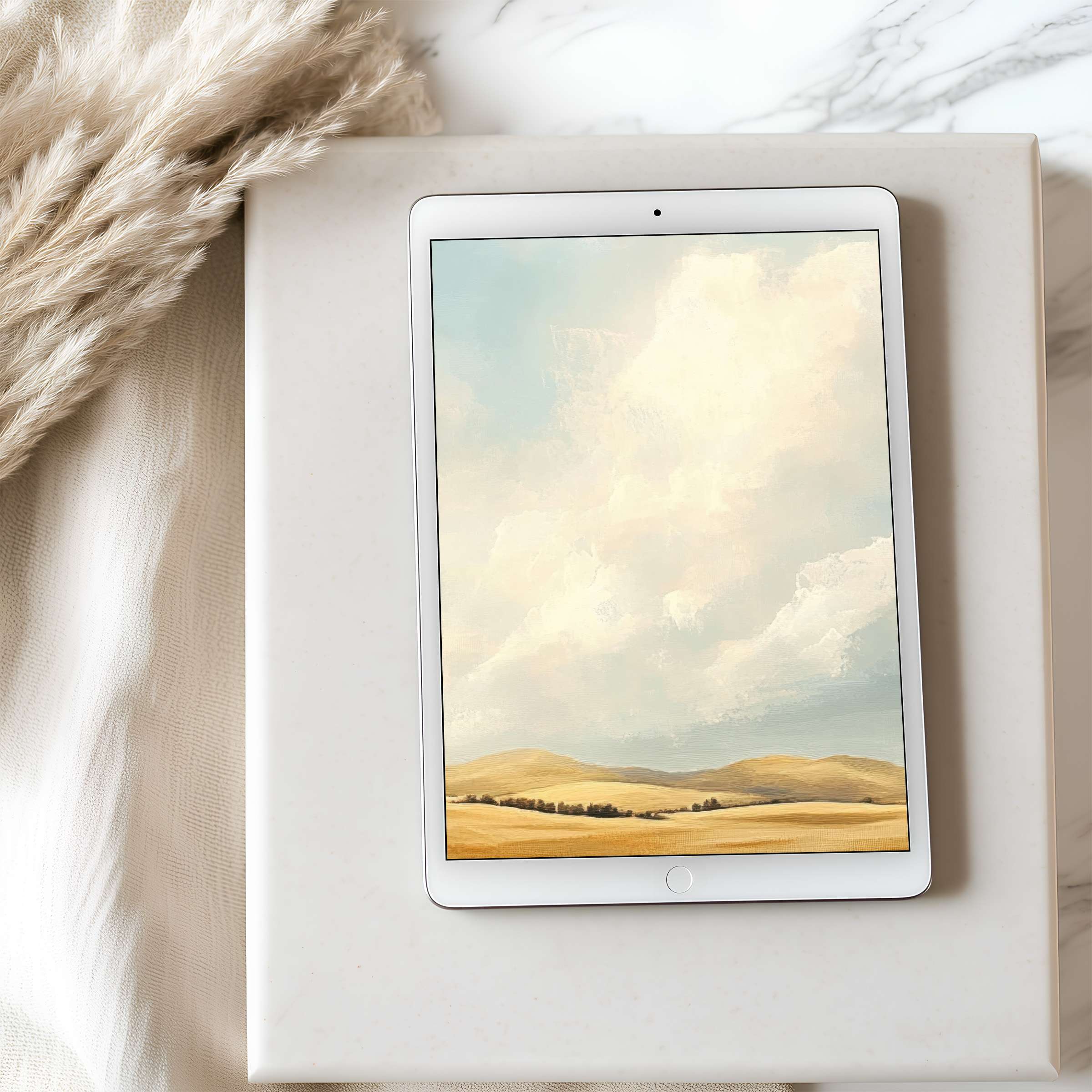 Elegant tablet wallpaper featuring serene, high-resolution landscape art in soft creams and golds perfect for iPad or Android devices