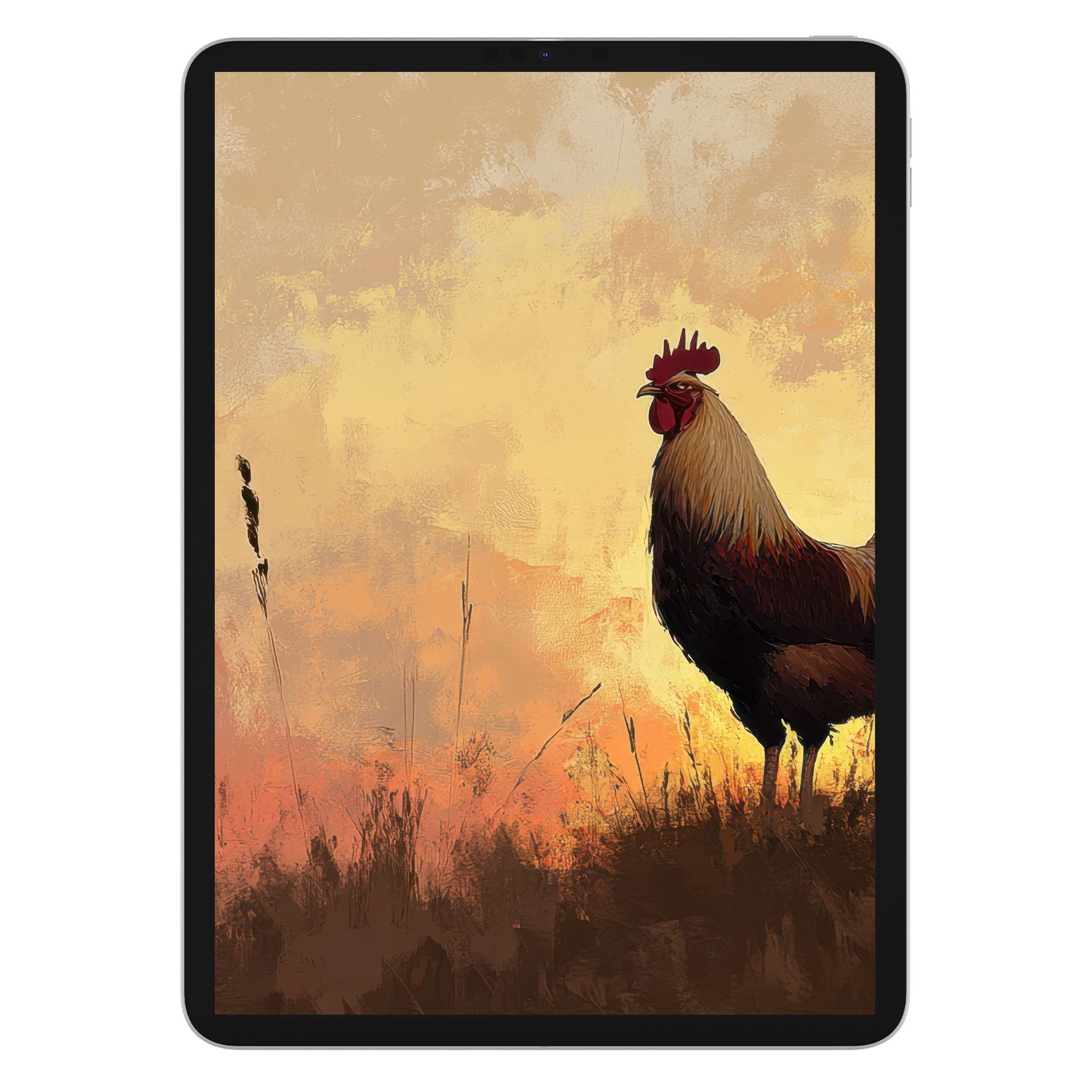 Farmhouse iPad wallpaper featuring elegant rooster art in warm rustic tones, perfect digital download background for tablets seeking calm