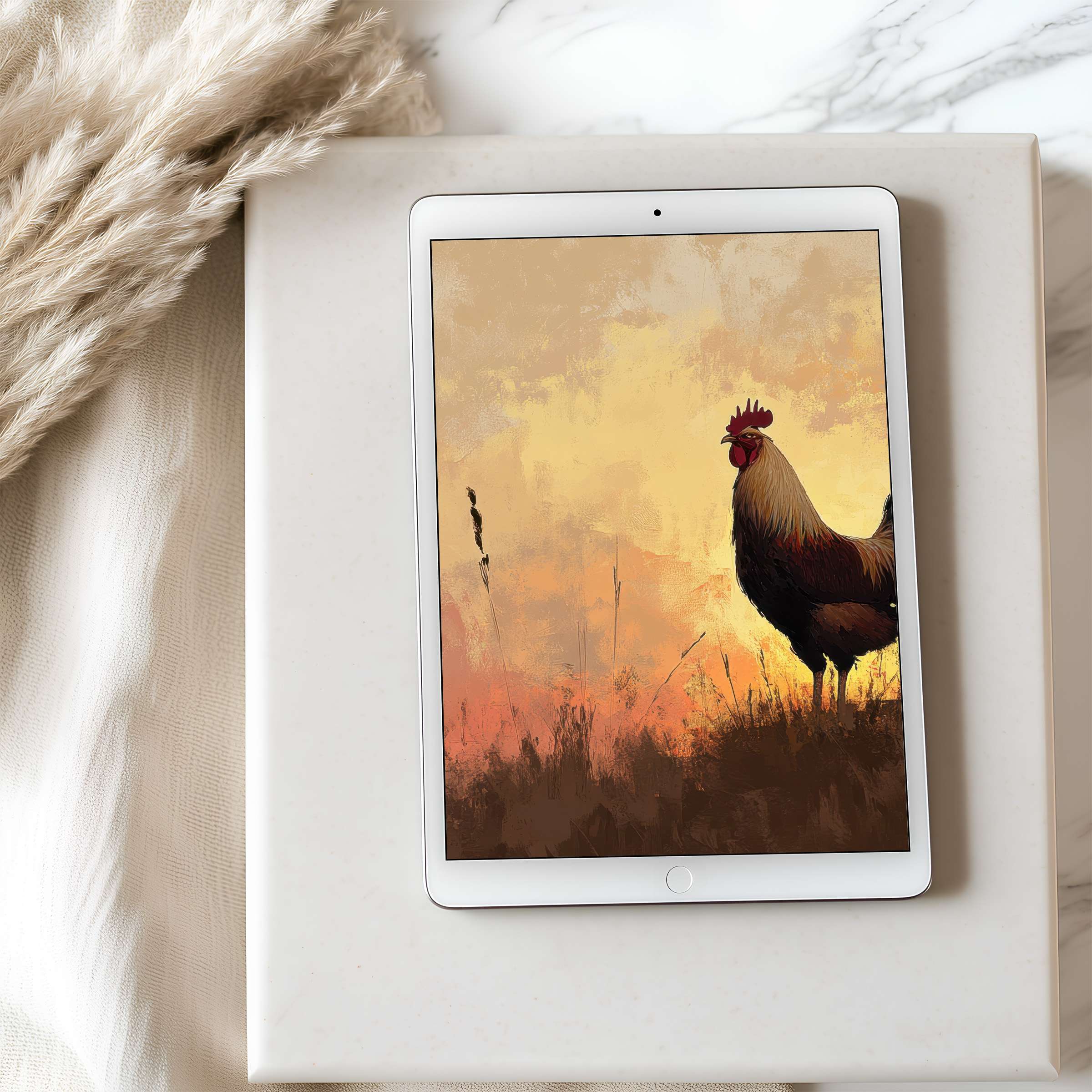 Sunset rooster tablet wallpaper in warm earthy tones, perfect for iPad and Android tablets, brings an elegant, calming ambiance