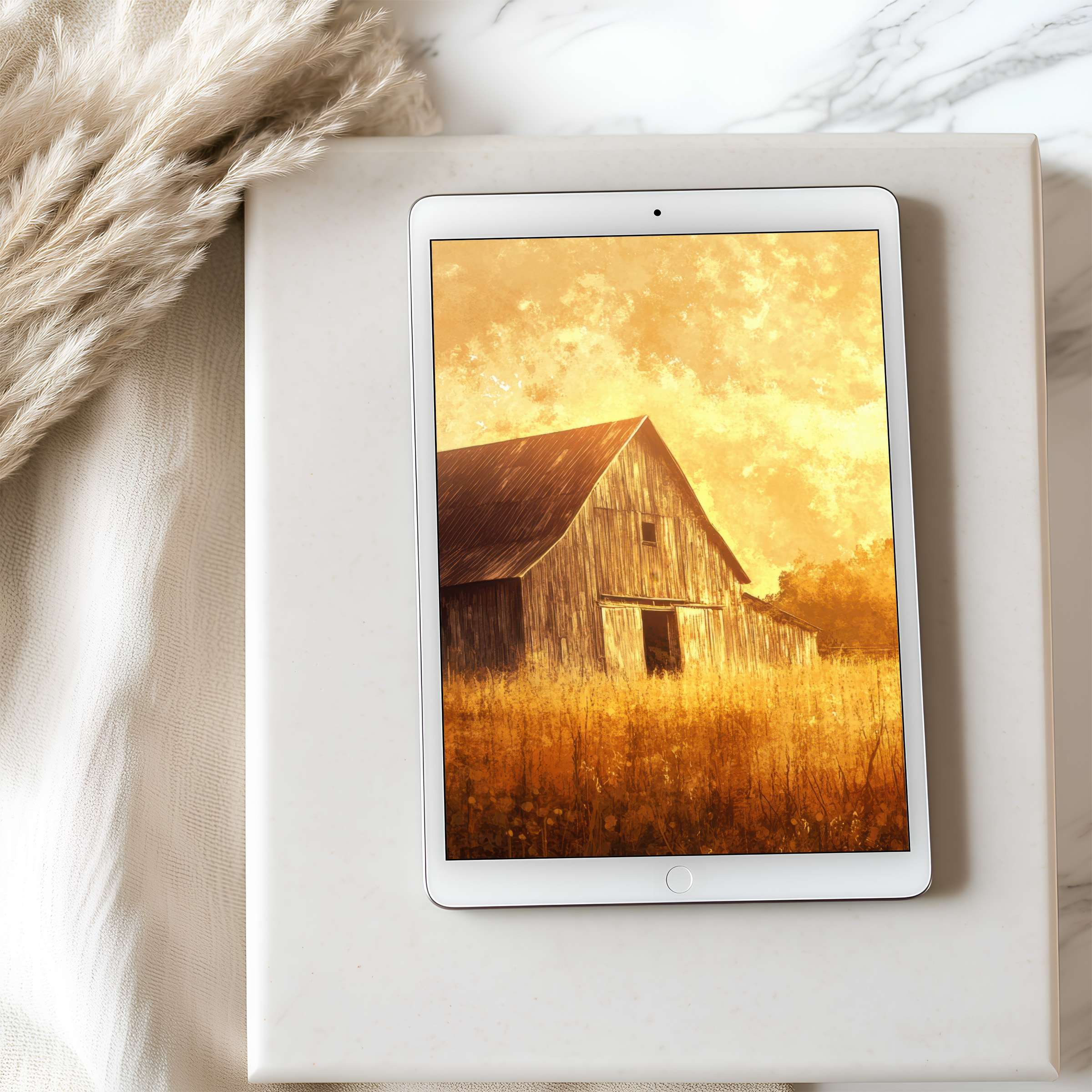 Elegant tablet wallpaper showcasing a serene barn under a golden sky in high resolution ideal for iPad and Android digital download