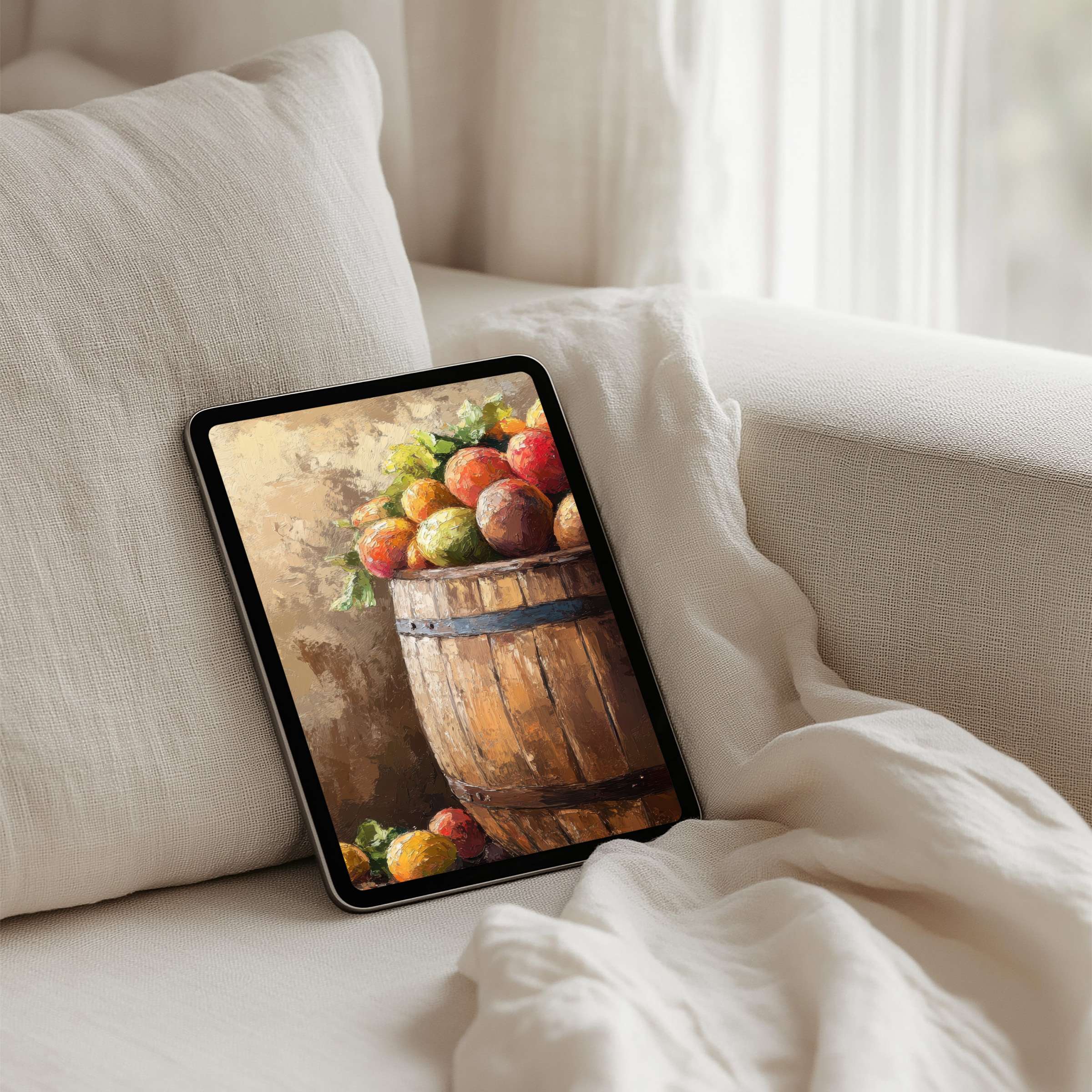 Elegant digital art of fruit in a wooden barrel as an iPad background offering instant download for tablets evoking calm and inspiration