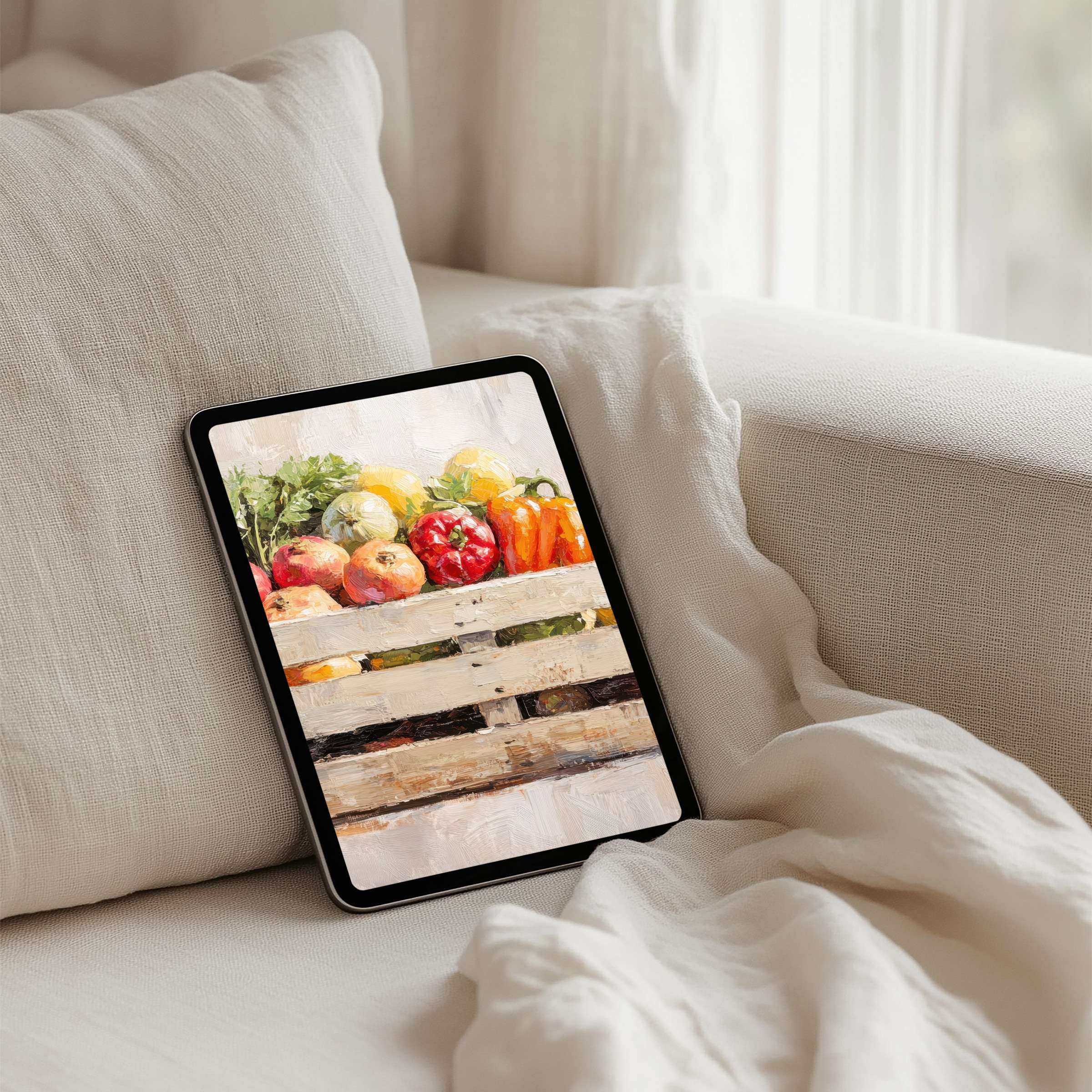 Vibrant fruit painting on iPad background offers instant download for a calming, elegant look on any tablet device