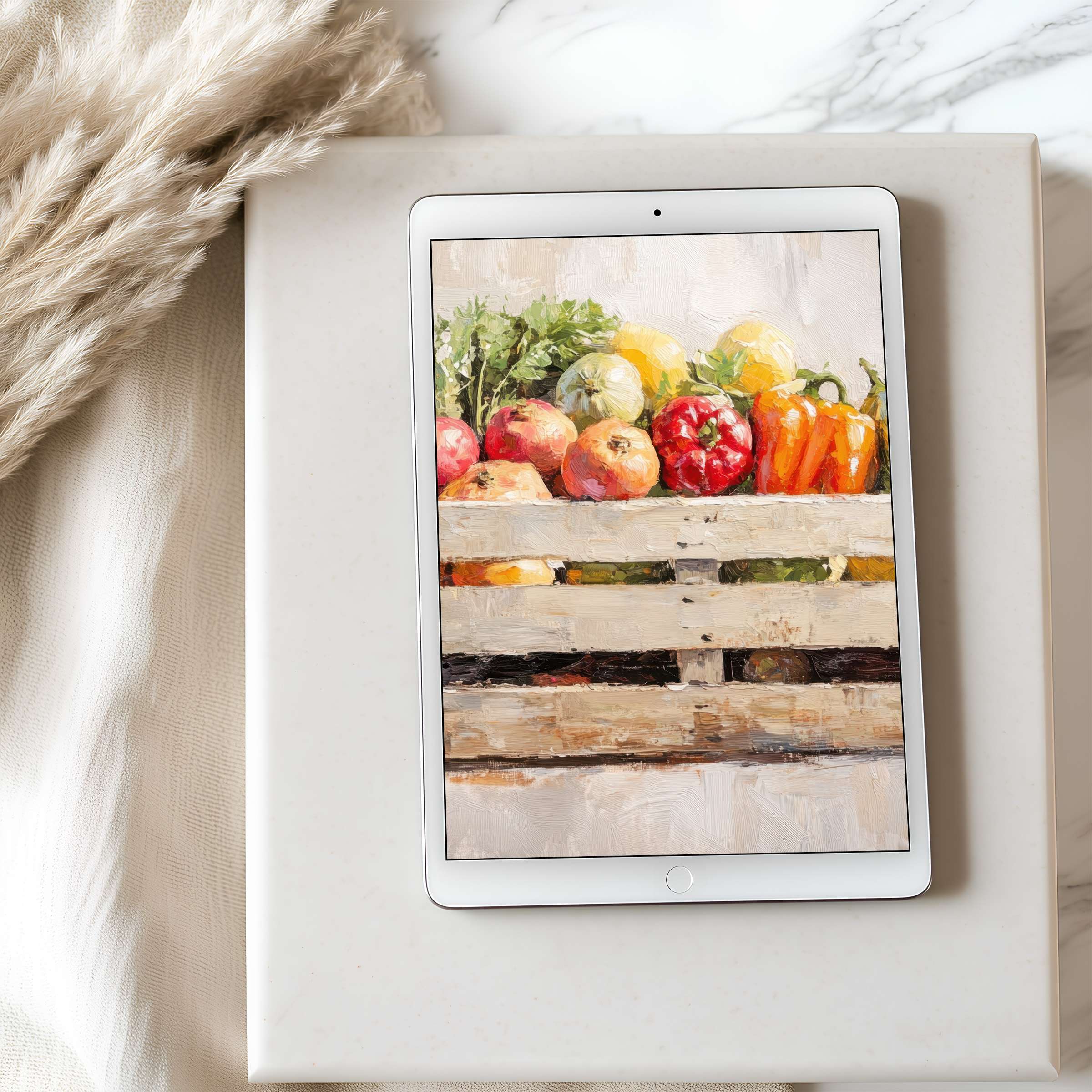 Serene tablet wallpaper featuring vibrant fruits in an artistic palette, perfect for high-resolution iPad and Android downloads for calm living