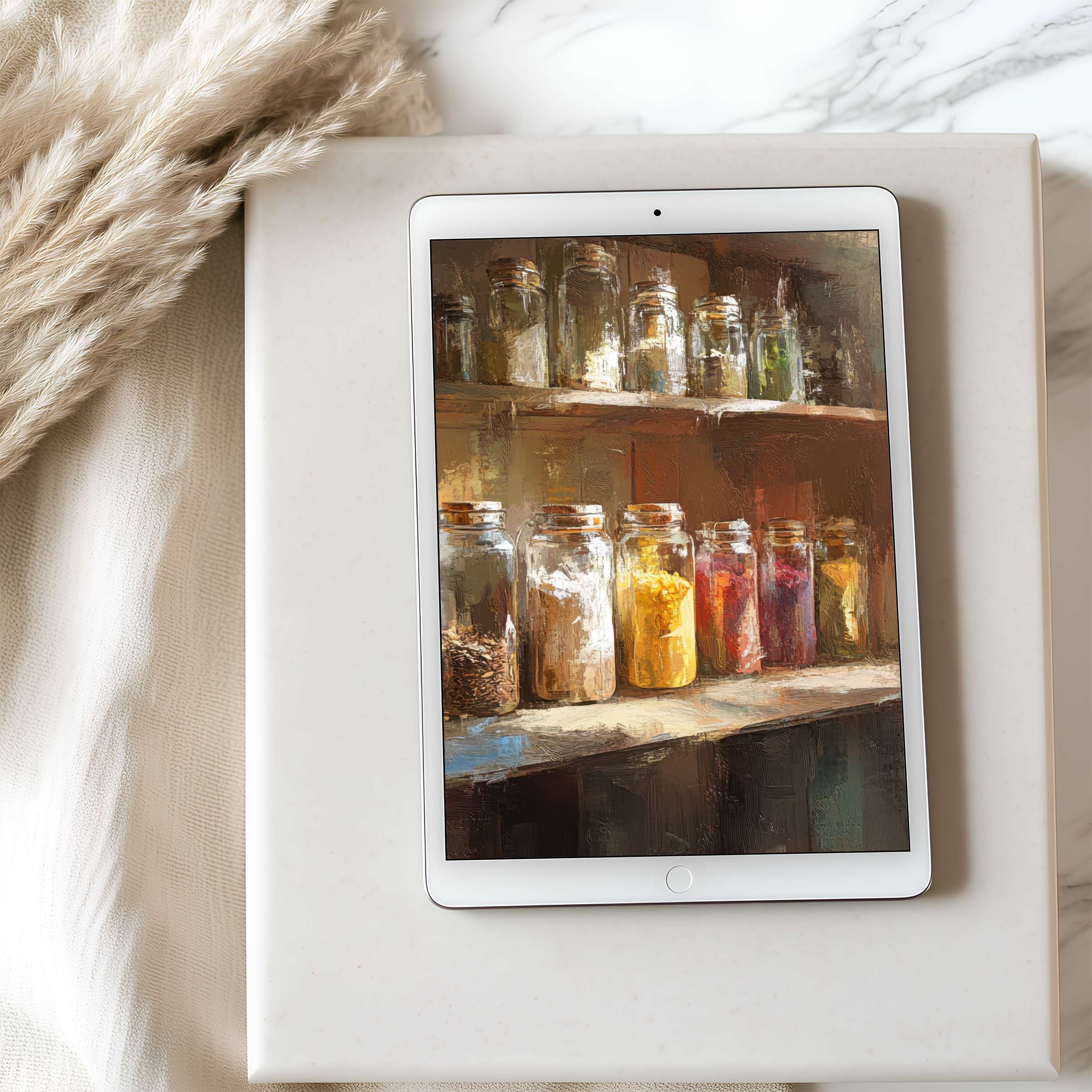 Elegant tablet wallpaper featuring rustic spice jars art, ideal for high-resolution iPad downloads enhancing serene digital spaces