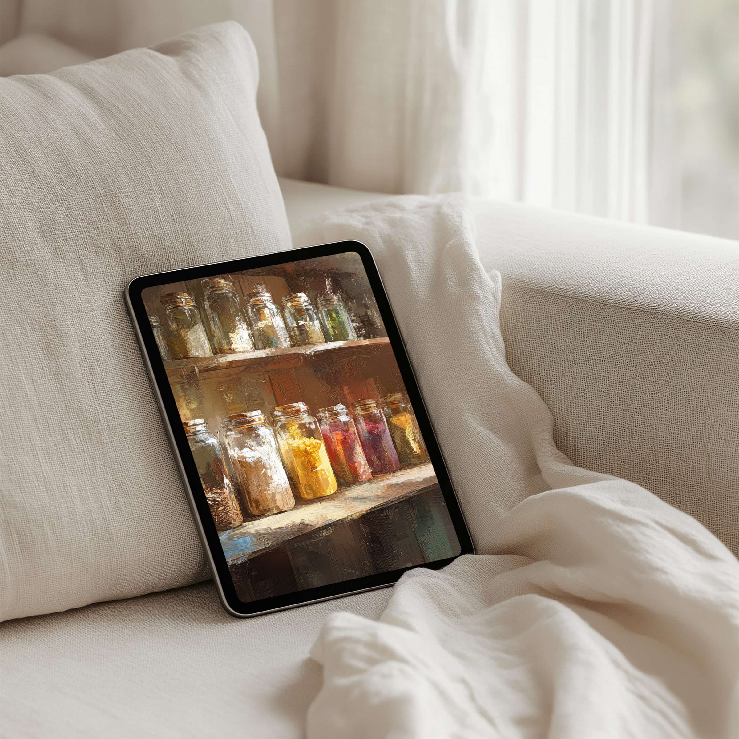 Artistic iPad background featuring warm-toned jars on wooden shelves inspires calm and elegance perfect for tablet instant download