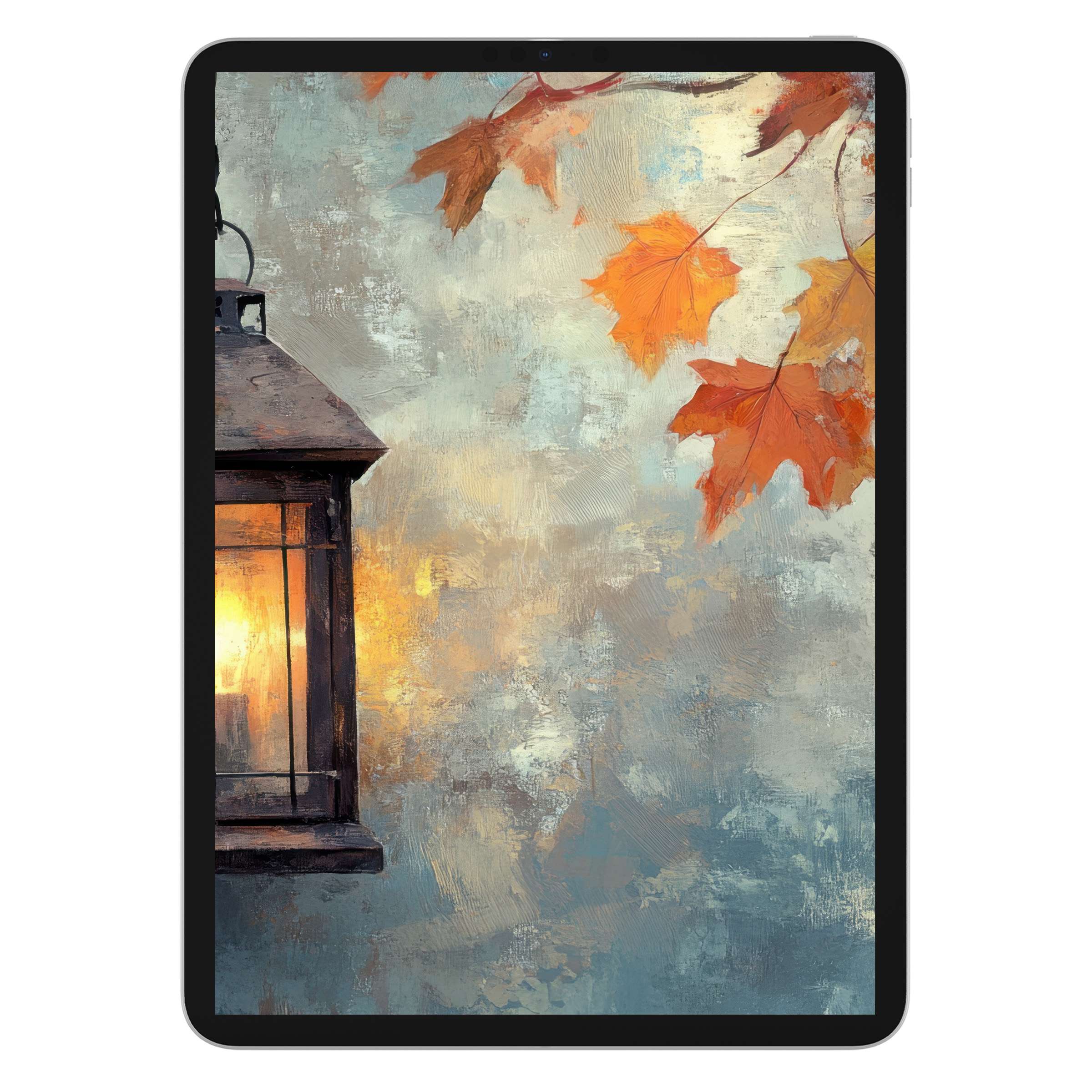 Farmhouse iPad wallpaper digital download offers a serene autumn background with warm lantern glow and rustic leaves, ideal for tablets